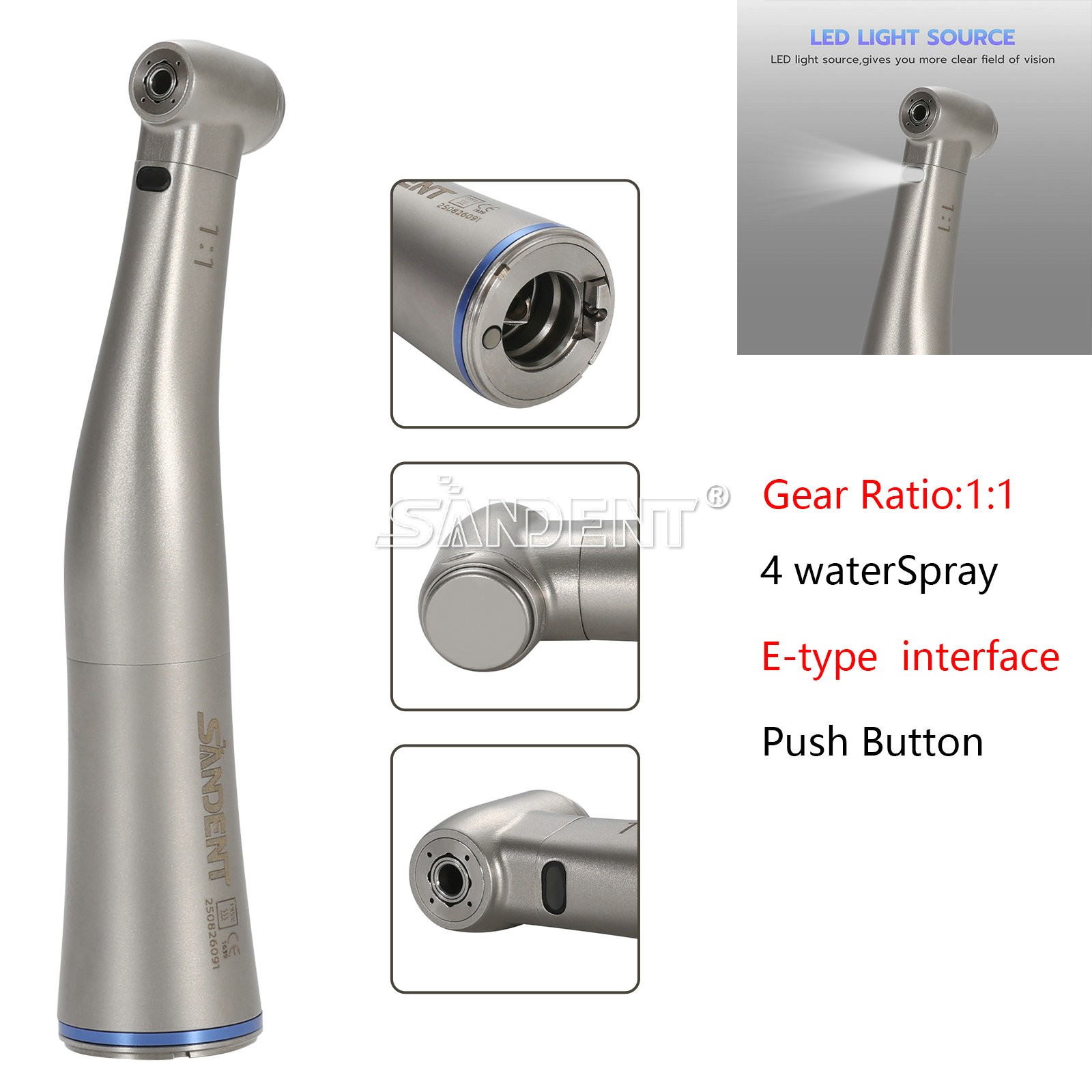 Dental 1:1 Fiber Optic LED Contra Angle Handpiece 4 Spray Push Button fit NSK po