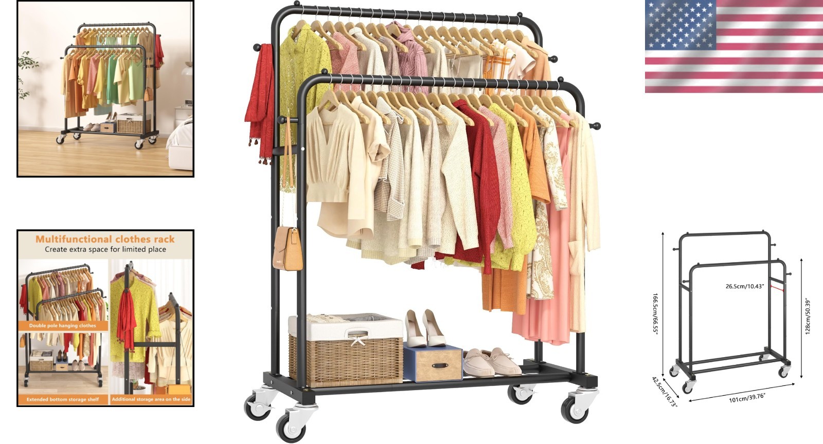 Black Double Rods Garment Rack with Wheels – 150lbs Capacity