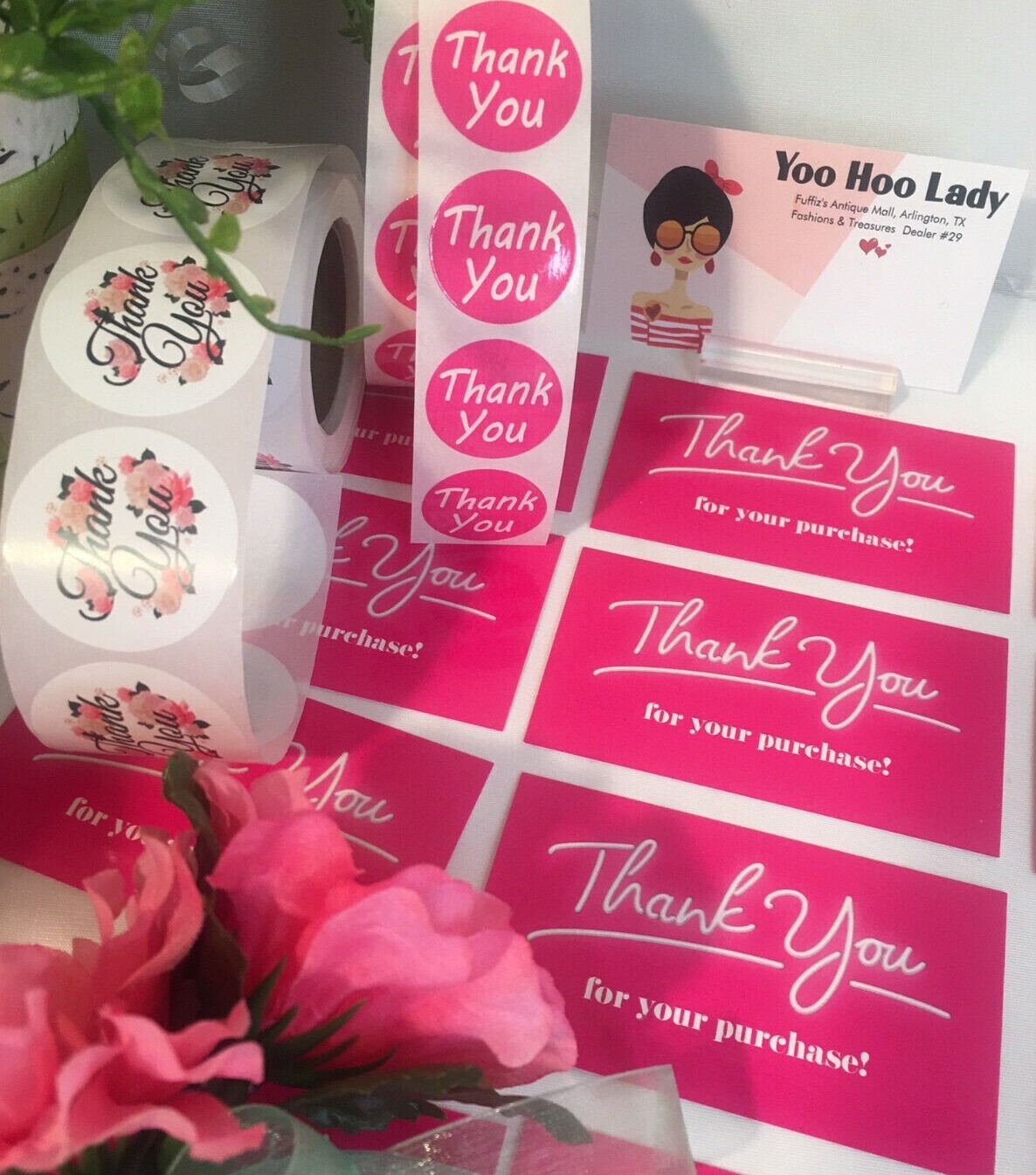150 pcs Thank You Business Cards, Thank You Stickers, Hot Pink, Floral
