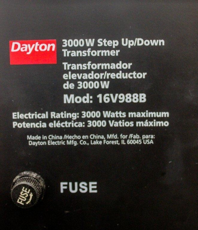 Dayton 3000W Transformer 16V988B Step Up/Down 110-220V Excellent Co (3372100)