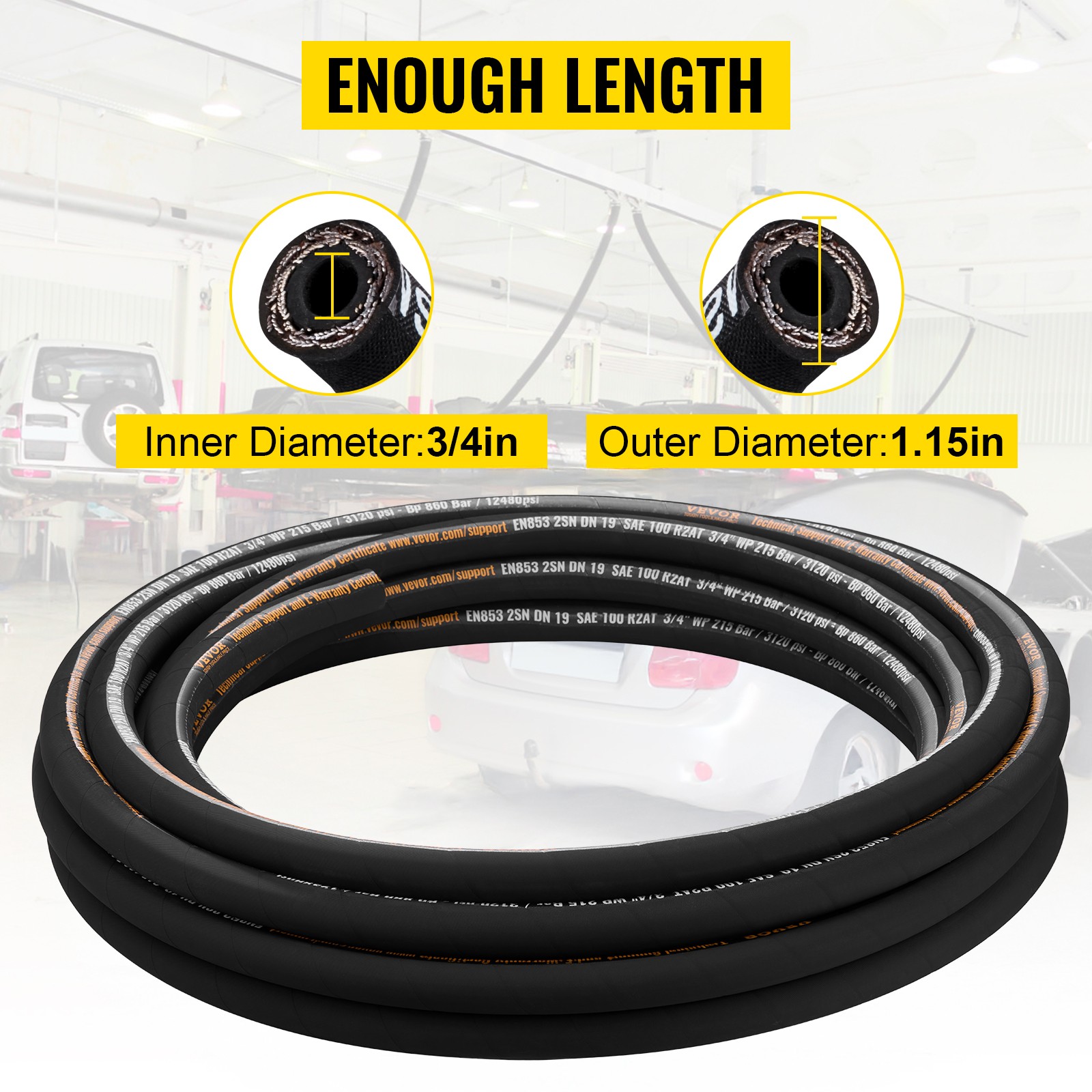 VEVOR Hydraulic Hose Coiled Hydraulic Hose 50ft 3/4″ 2 Steel Wire 3120 PSI