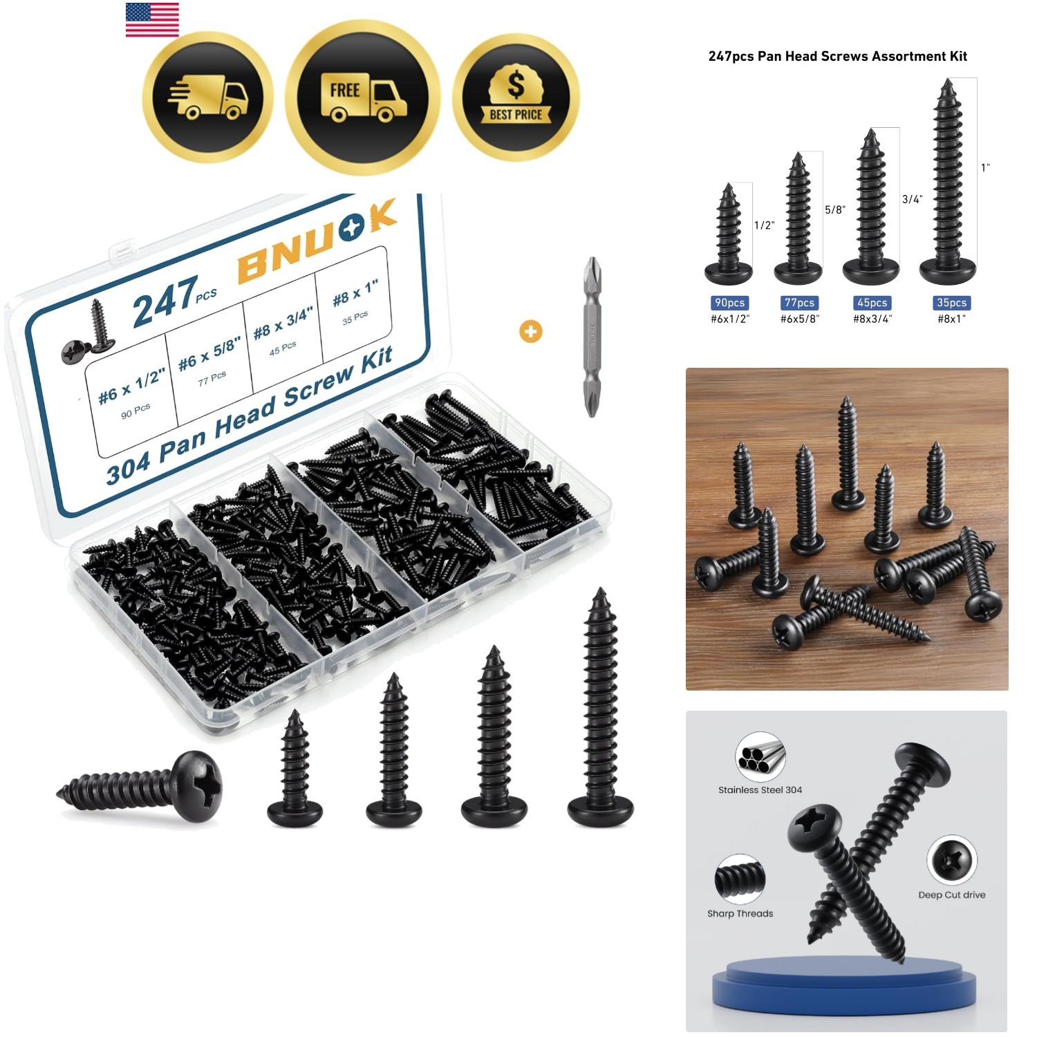 247Pcs Pan Head Wood Screws Assortment Kit, Black Oxide Stainless Steel 304 S…