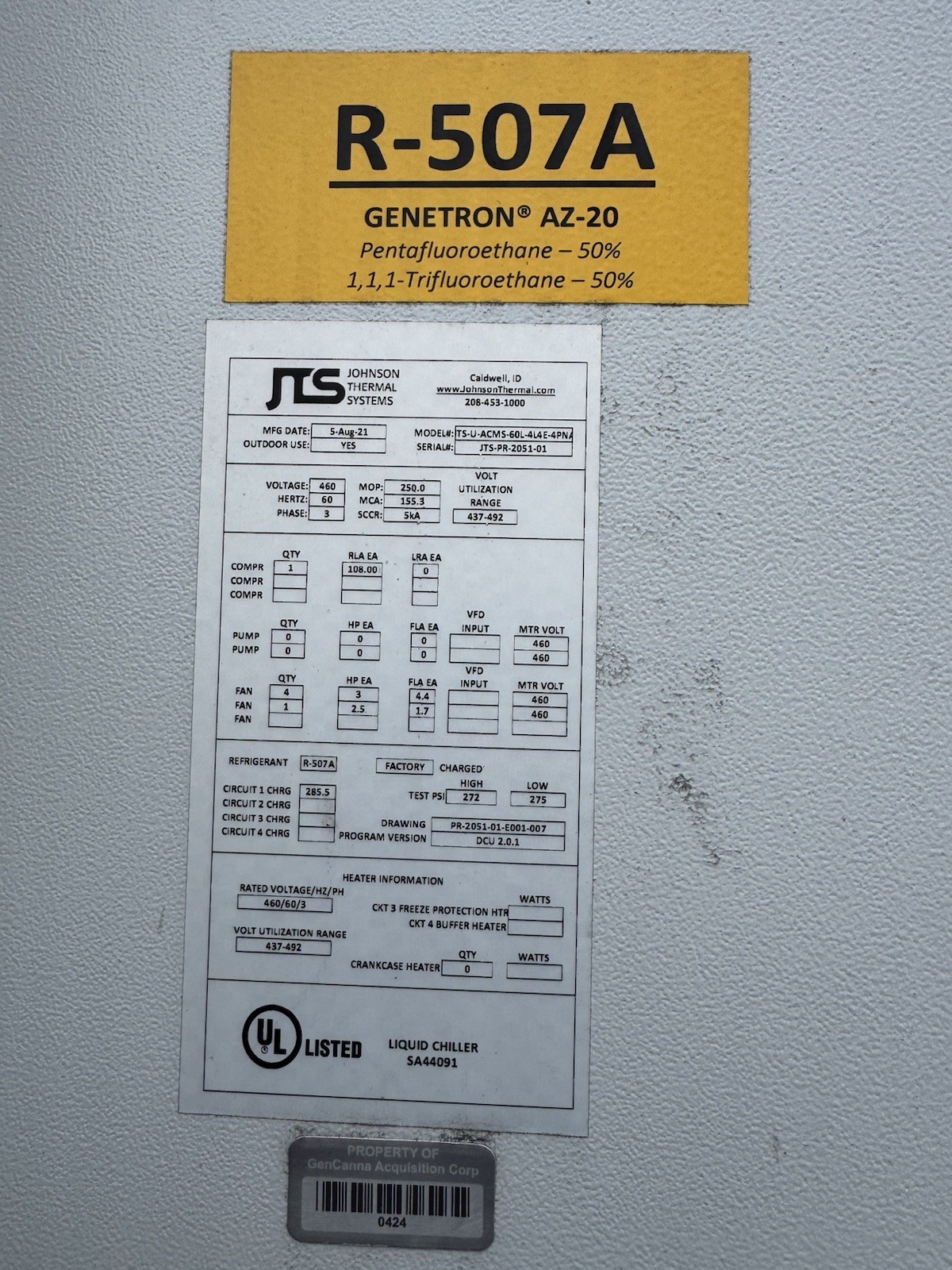 JTS Air Cooled Chiller , 60 Ton, 2021 460V 3PH Outdoor Rated