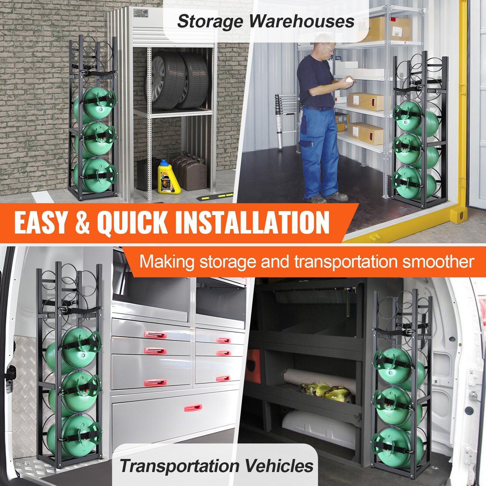 3-Shelf Refrigerant Cylinder Rack 12.79×12.99×47.12in 3x30lb + 3xSmall