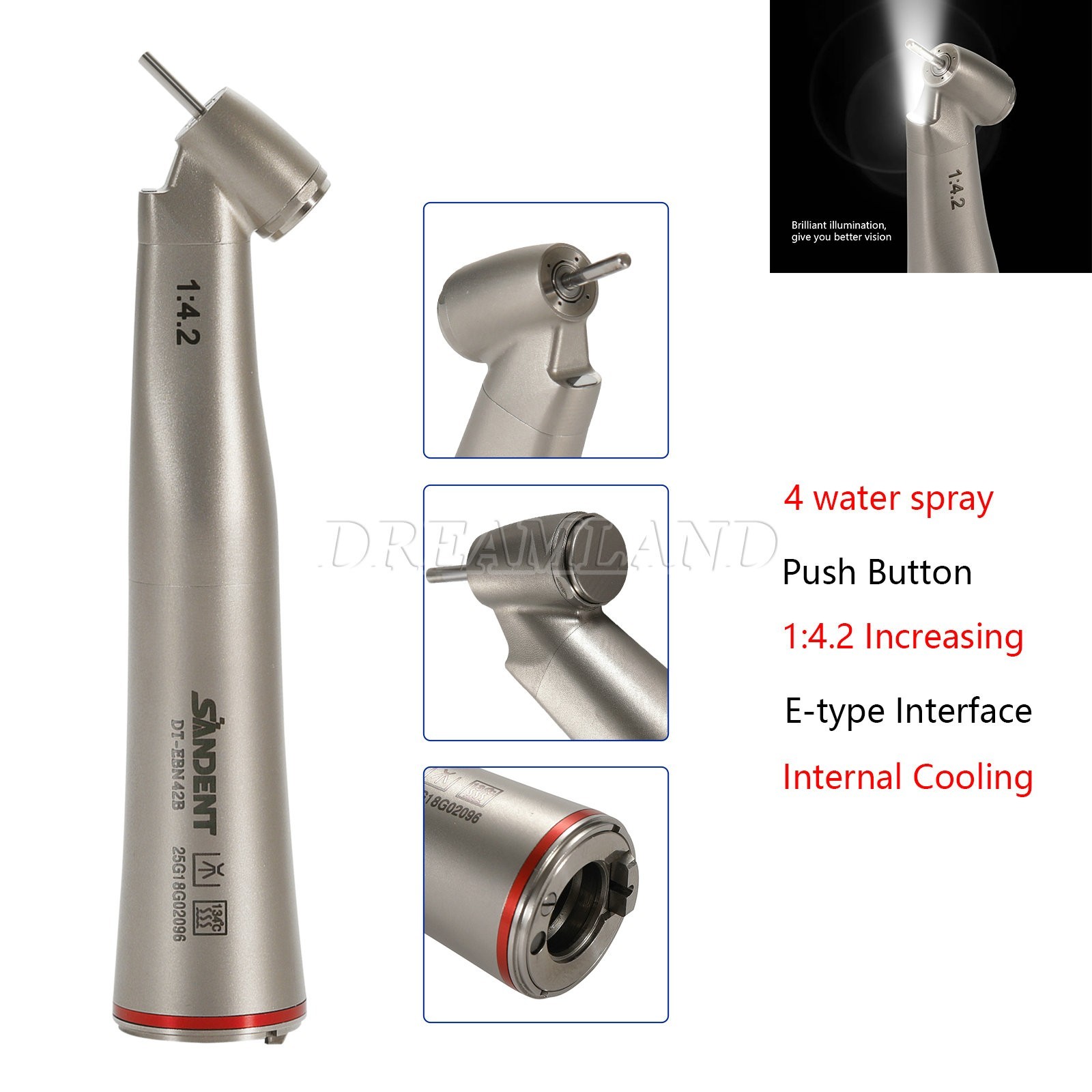 Dental 45° Angle inner Channel contra angle fiber optic LED 1:4.2 handpiece USA