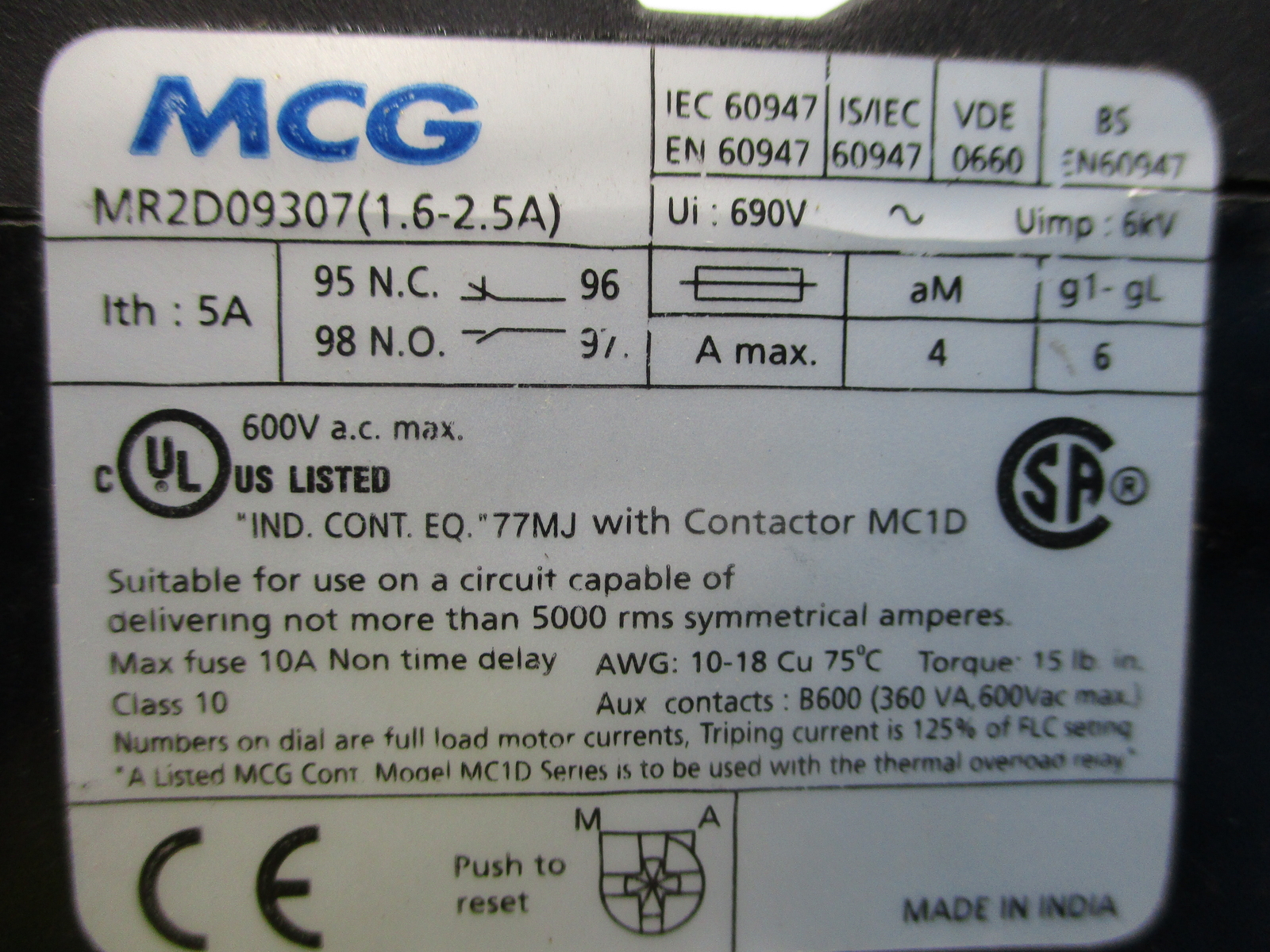 MCG INDUSTRIAL MR2D09307 RELAY 1.6-2.5A NSNP