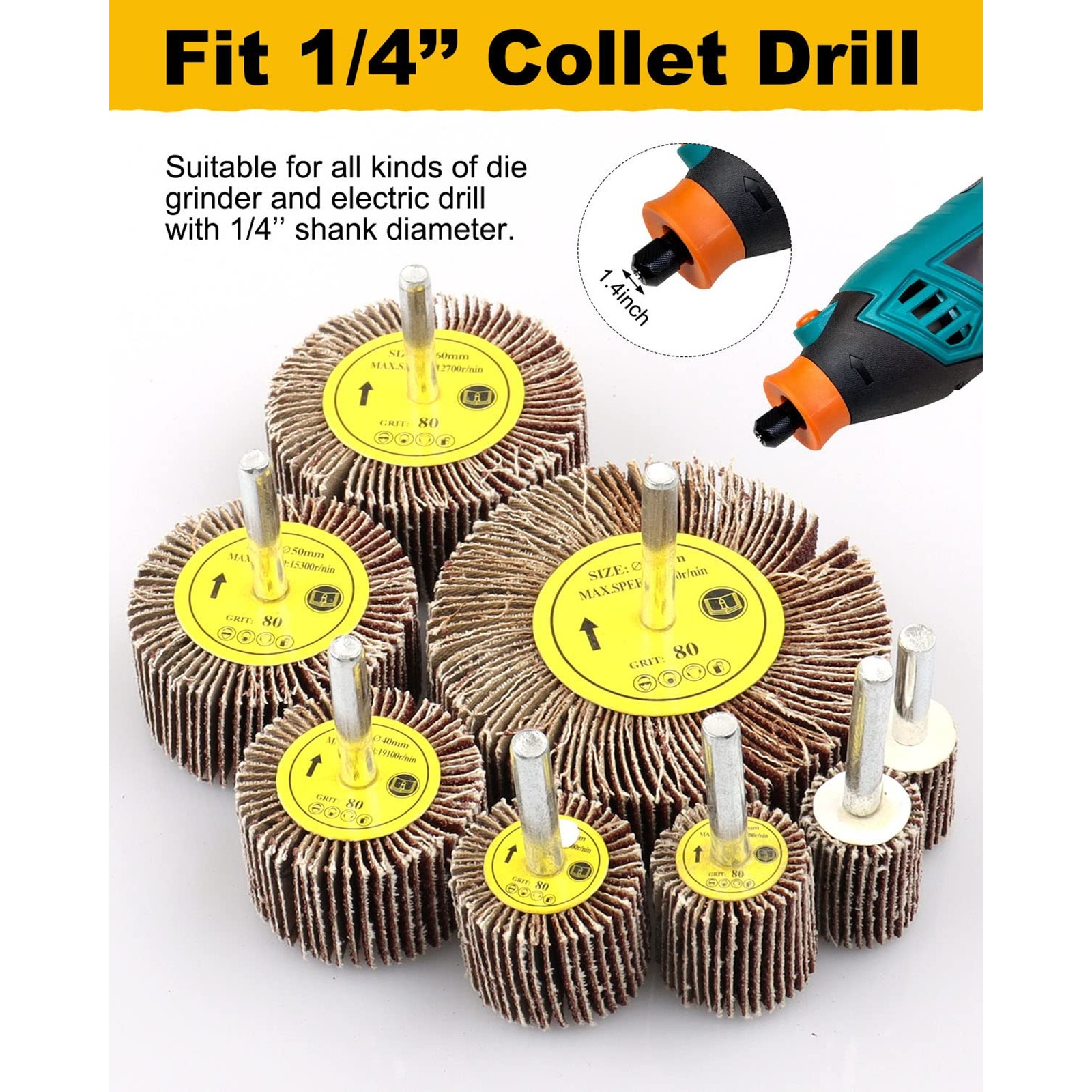 8 Pcs Flap Wheel Sander Set, 1/4″ Shank 8Size Flapper Wheel, SHITIME Long-Lastin