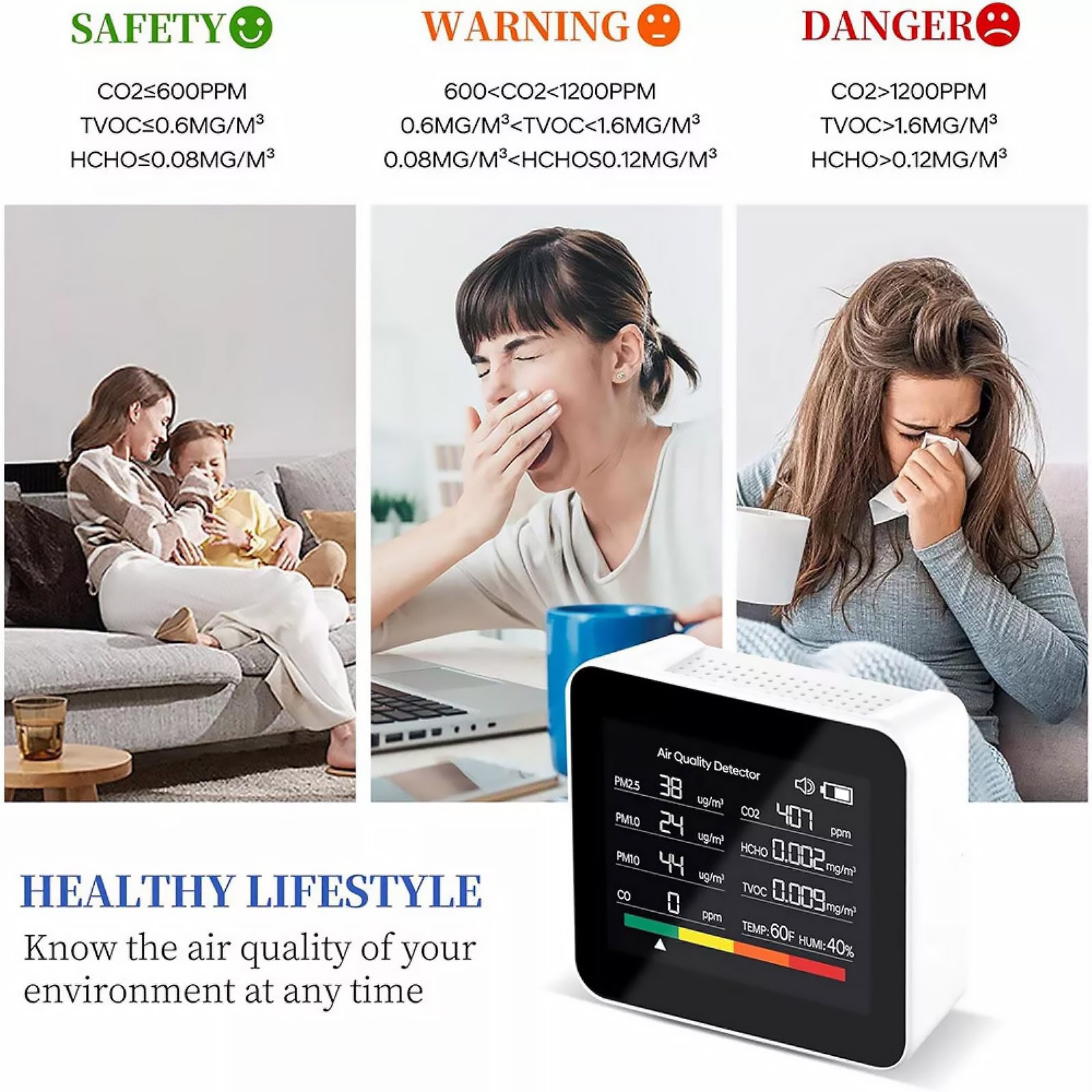 Multi-function Air Quality Monitor For Home Use 9-in-1 Detector W/LED Display