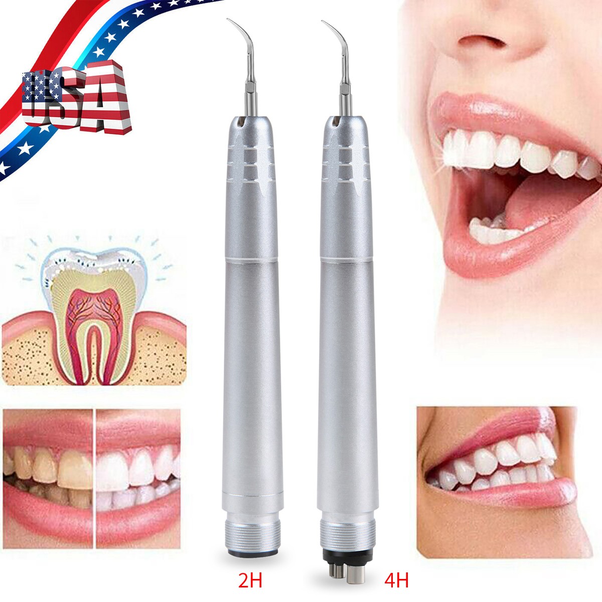 Dental Ultrasonic Air Perio Scaler Handpiece Hygienist 2/4Hole W/ 3 Scaling Tips