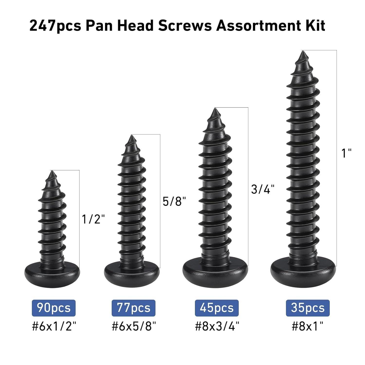 247Pcs Pan Head Wood Screws Assortment Kit, Black Oxide Stainless Steel 304 S…