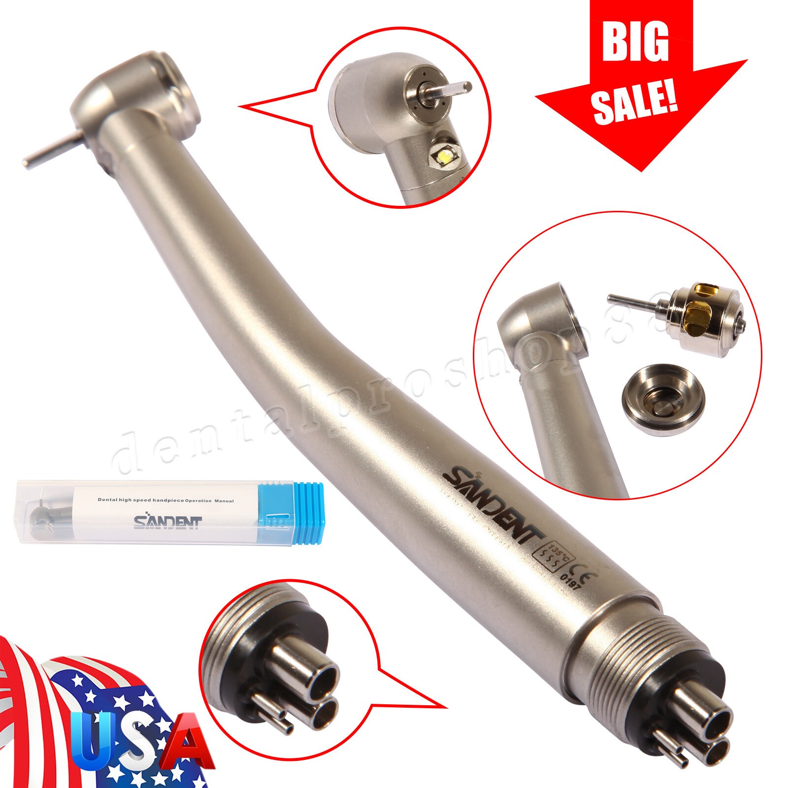 Dental Fiber Optic LED High Speed Handpiece 4Holes Internal triple spray fit Kav