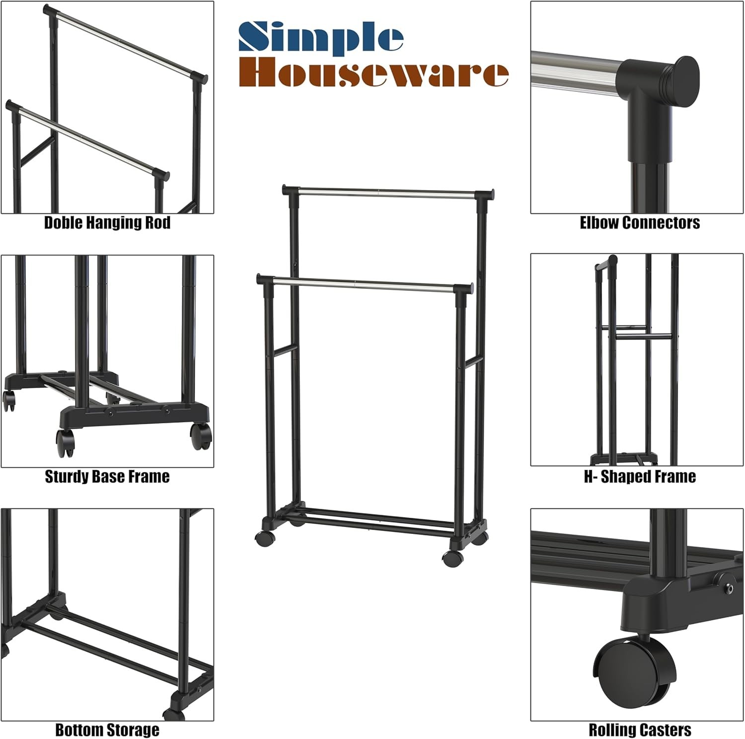 Clothing Garment Rack Double Rod Portable Closet Organizer Steel Black