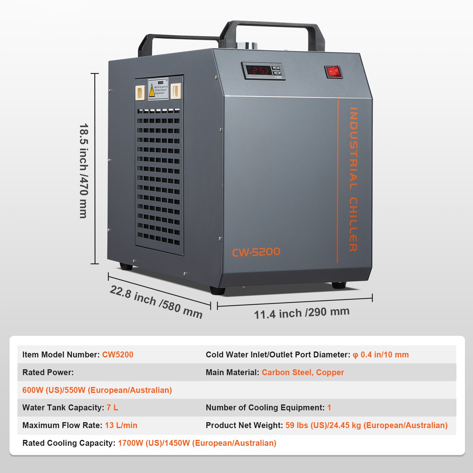 VEVOR Industrial Water Chiller CW-5200 7L 13L/min Laser Chiller with Compressor