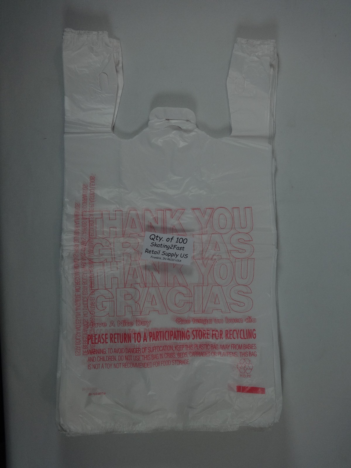 THANK YOU GRACIAS Carry-Out Plastic T-Shirt Bags Carry 11.5″ x 6.5″ x 22″