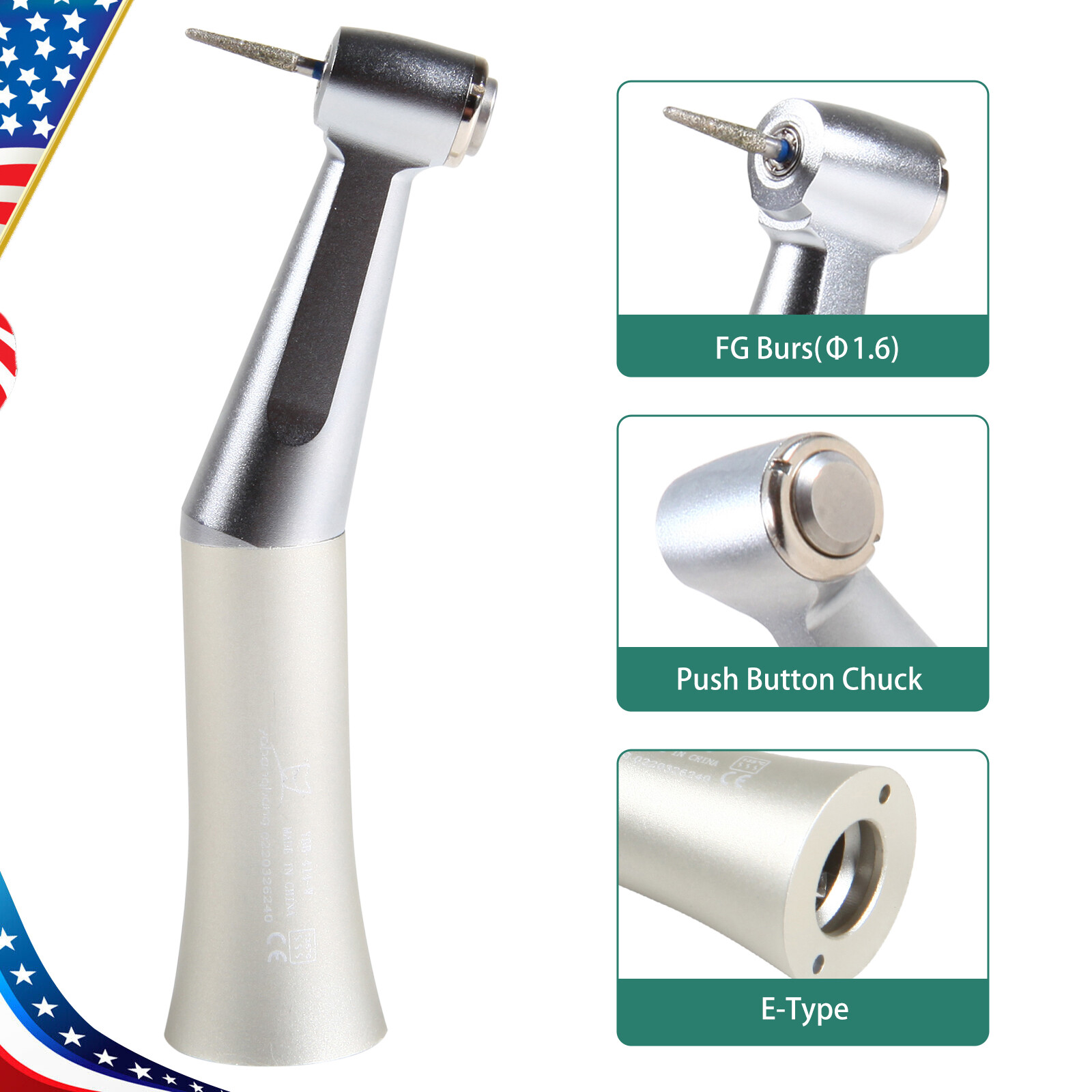 NSK Style Dental Contra Angle Low Speed Handpiece Push Button fit FG Burs 1.6mm