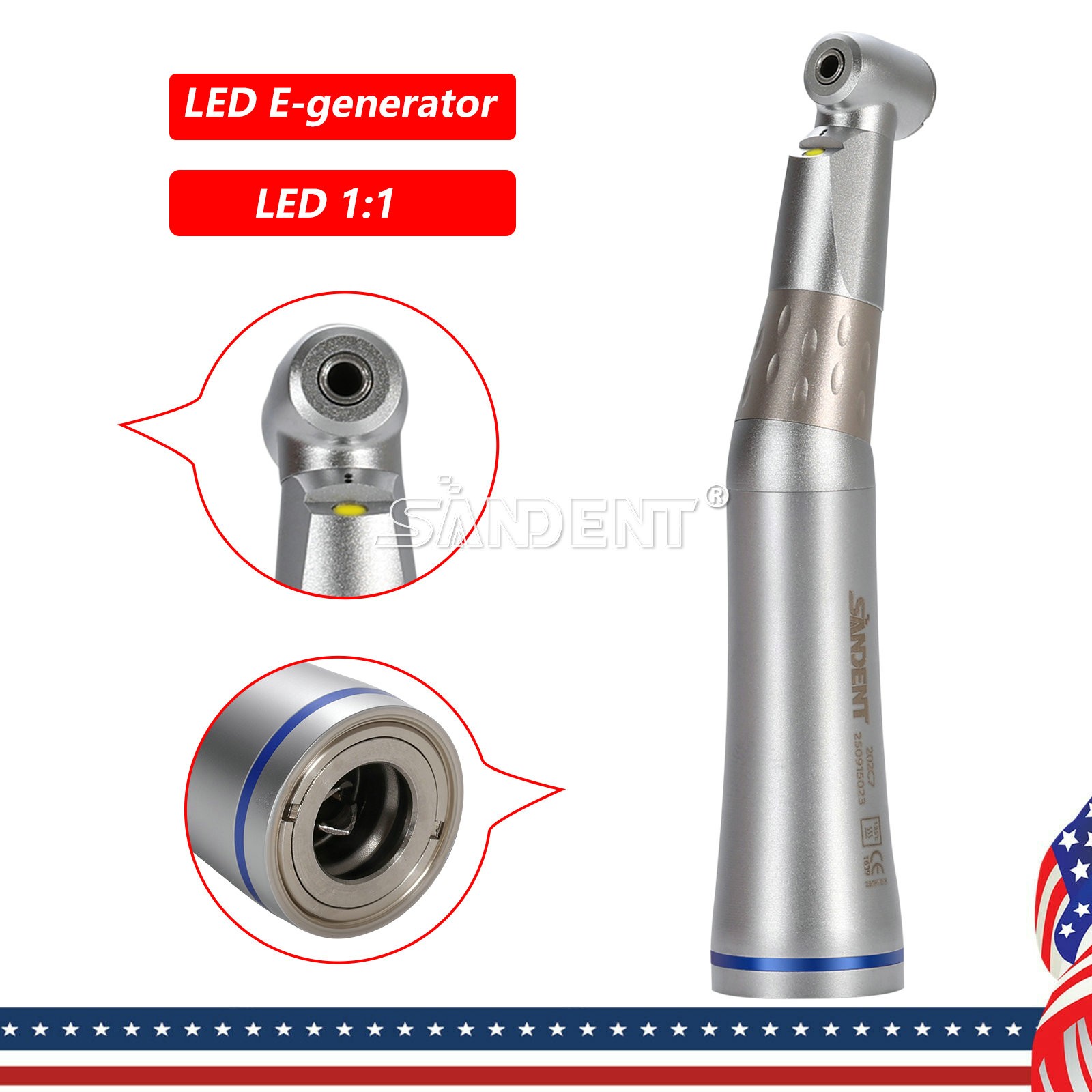 SANDENT Dental 1:1 LED Contra Angle Handpiece E-generator Push button Inner dt