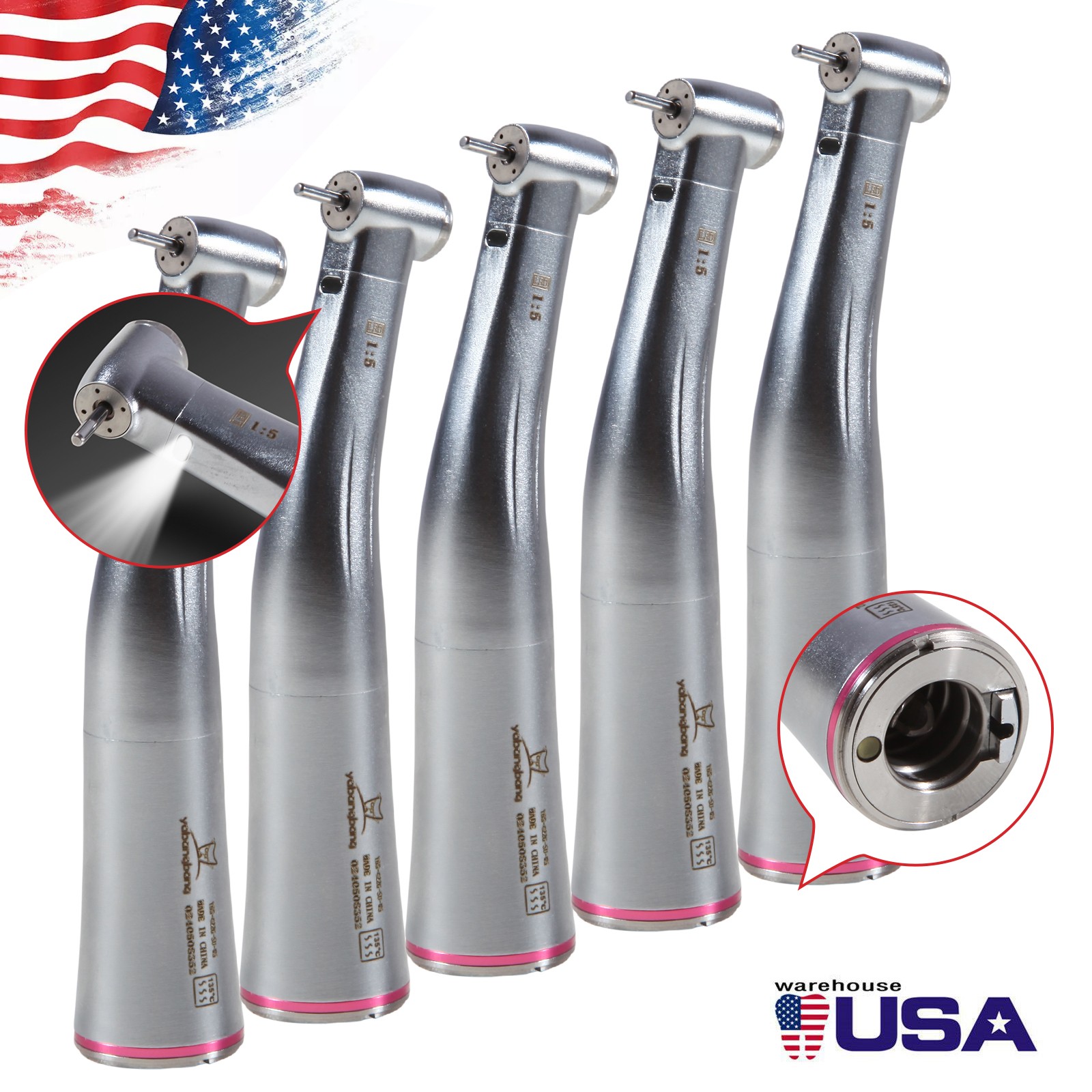NSK Ti-MAX X95L Style Dental 1:5 LED Fiber Optic Contra Angle Handpiece Red Ring