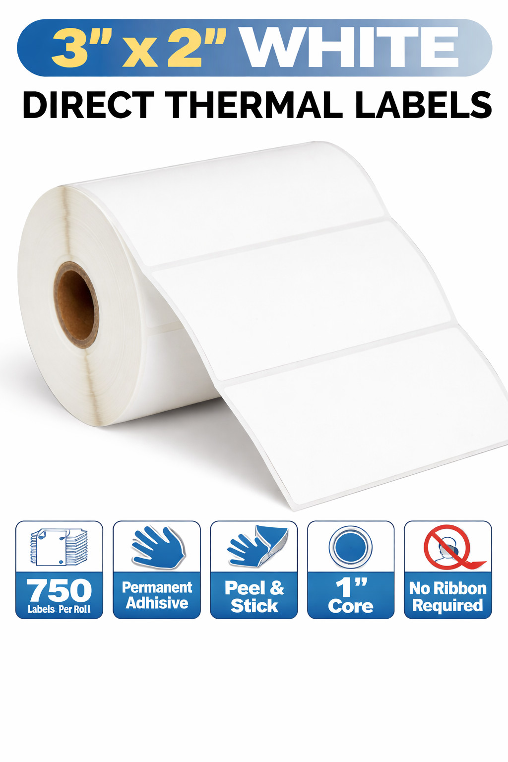 Direct Thermal Zebra Labels- 3×2 White Colored 750 Labels per roll, 1-12 Rolls