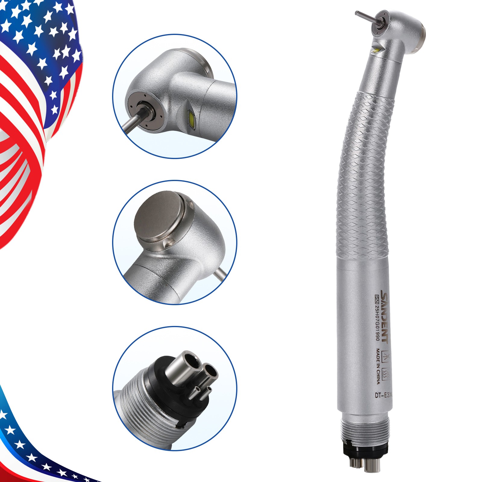 Dental LED E-generator High Speed Handpiece 4Holes 4-Port Spray SANDENT FG1.60mm
