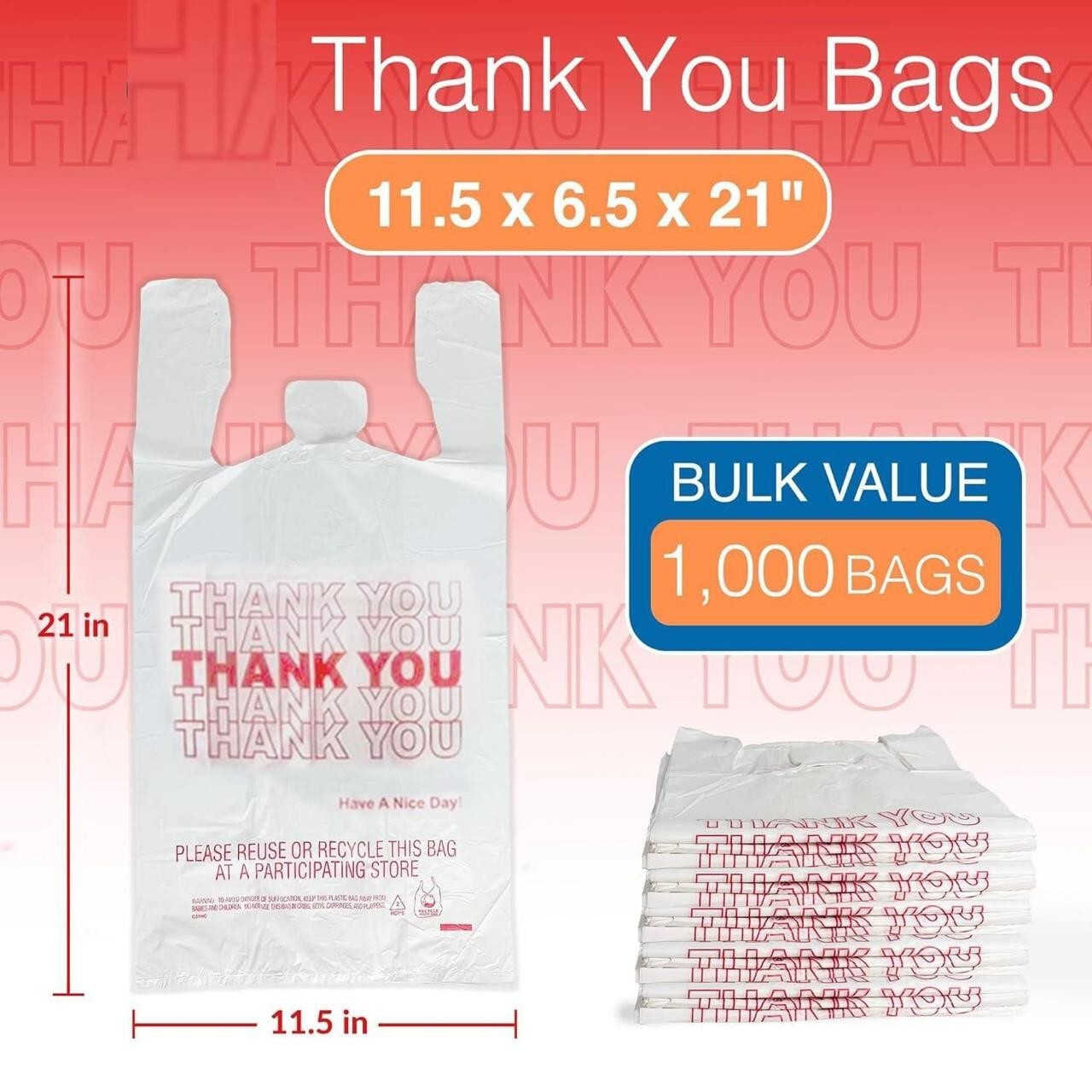 New Large 21 x 6.5 x 11.5 Thank You T-Shirt Plastic White Bags 1000..