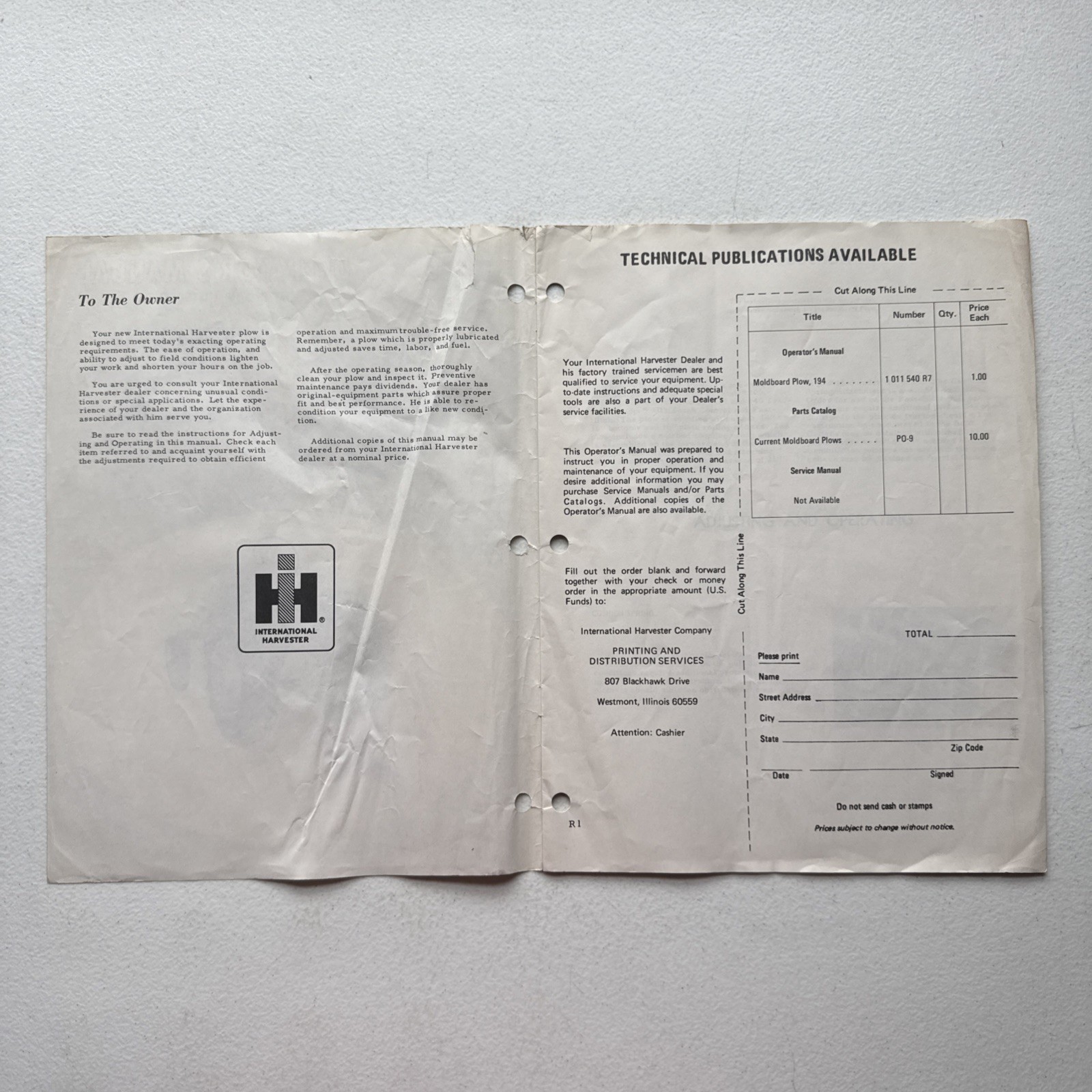 1967 International Harvester 194 Moldboard Plow Operators Manual