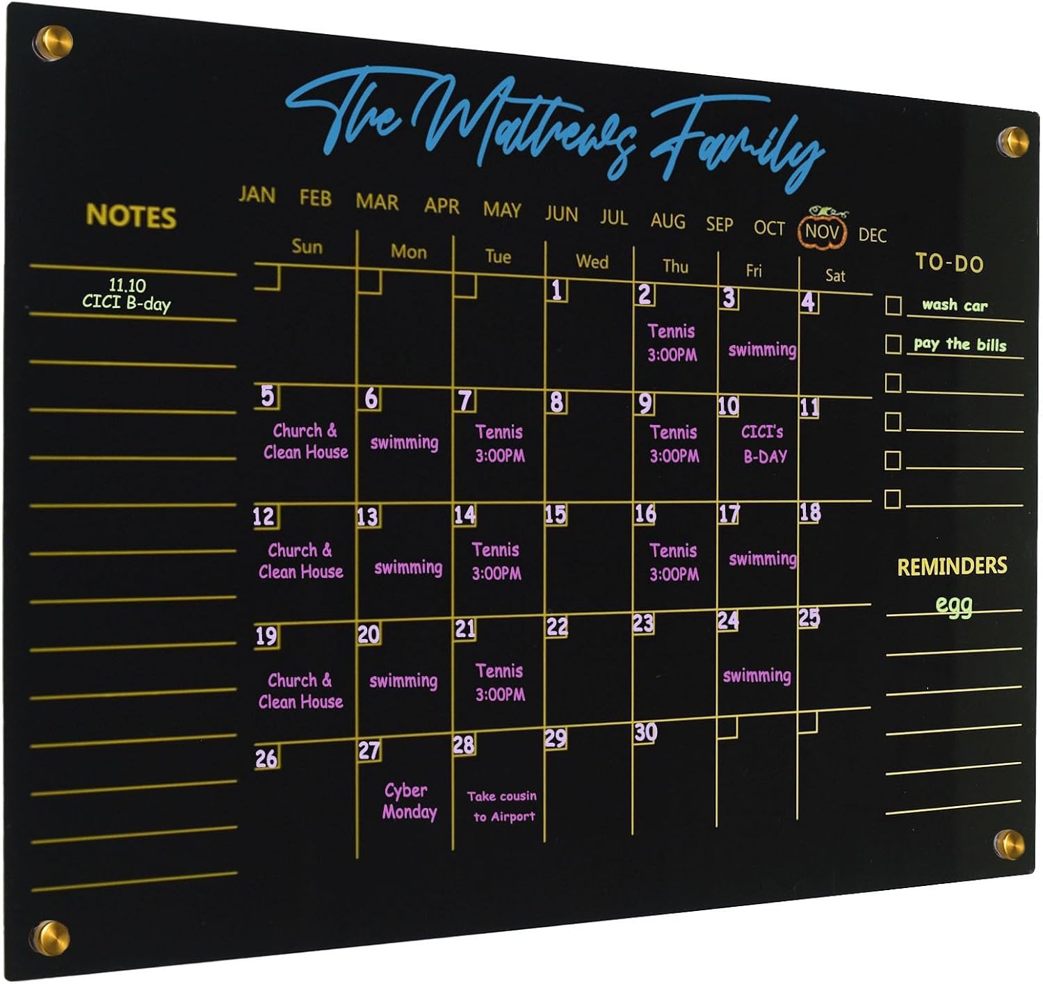 Black Acrylic Calendar Dry Erase for Wall, Family Planner, Monthly Calendar Dry