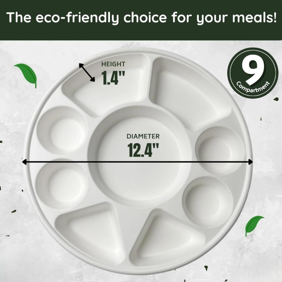 (100/Count) 100% Compostable 9 Compartment Bagasse Meal Tray, White