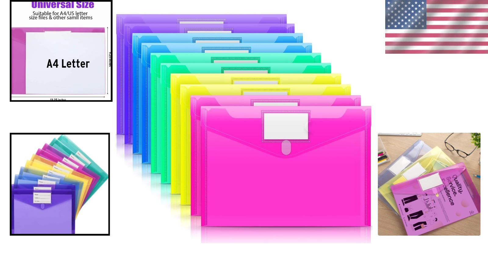 Colorful 10-Pack A4 Size Plastic Document Pouches – Waterproof & Durable Design