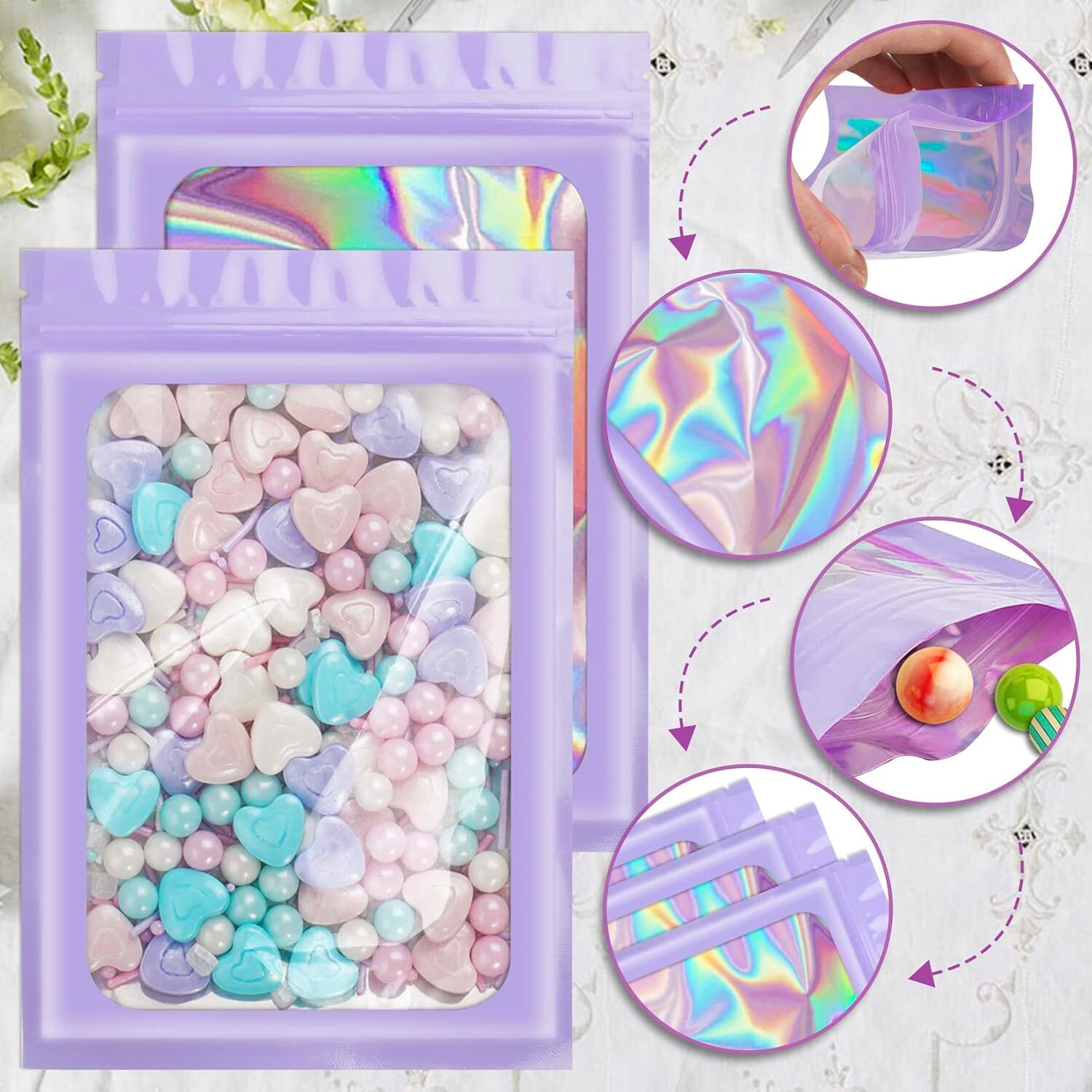 100/200 Smell Proof Mylar Bags Holographic Resealable Foil Pouch Zip Bags Purple