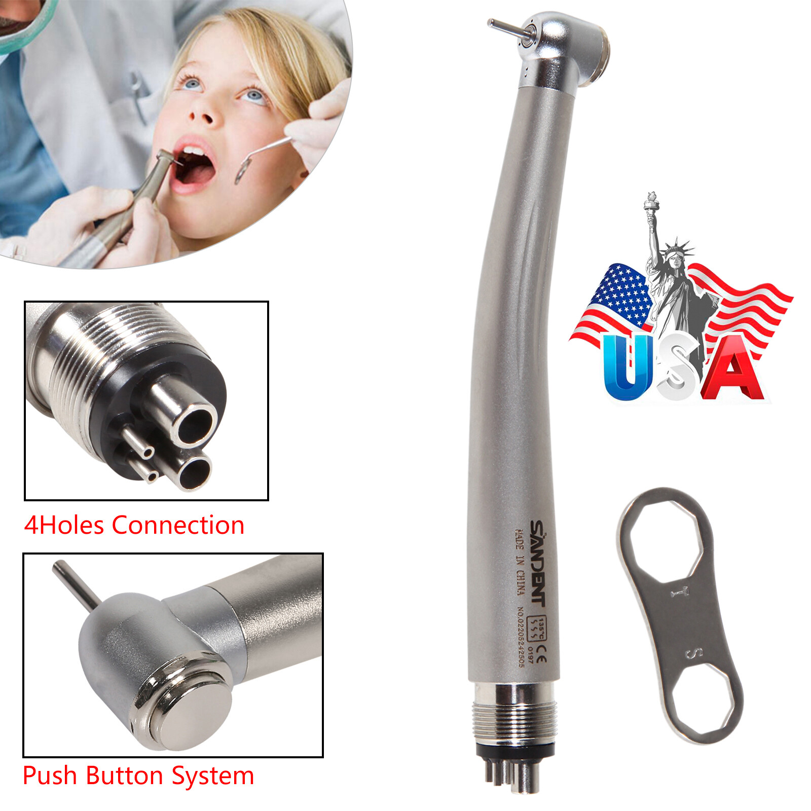 SANDENT Standard Head Dental Air Turbine High Speed Push Button Handpiece 4 Hole