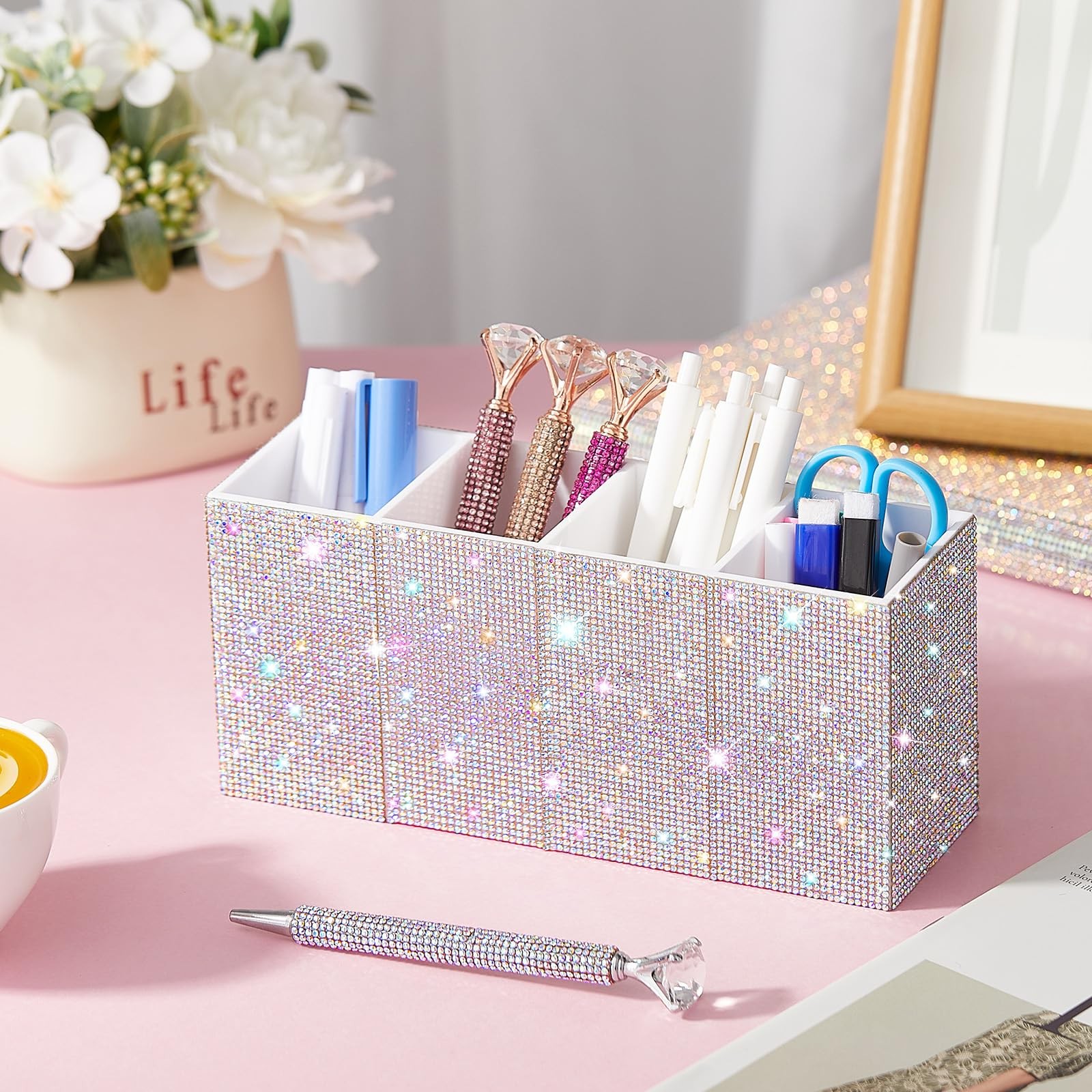 Bling Desk Organizer for Women, Rhinestone Pen Makeup Brush Holder, Girly Des…