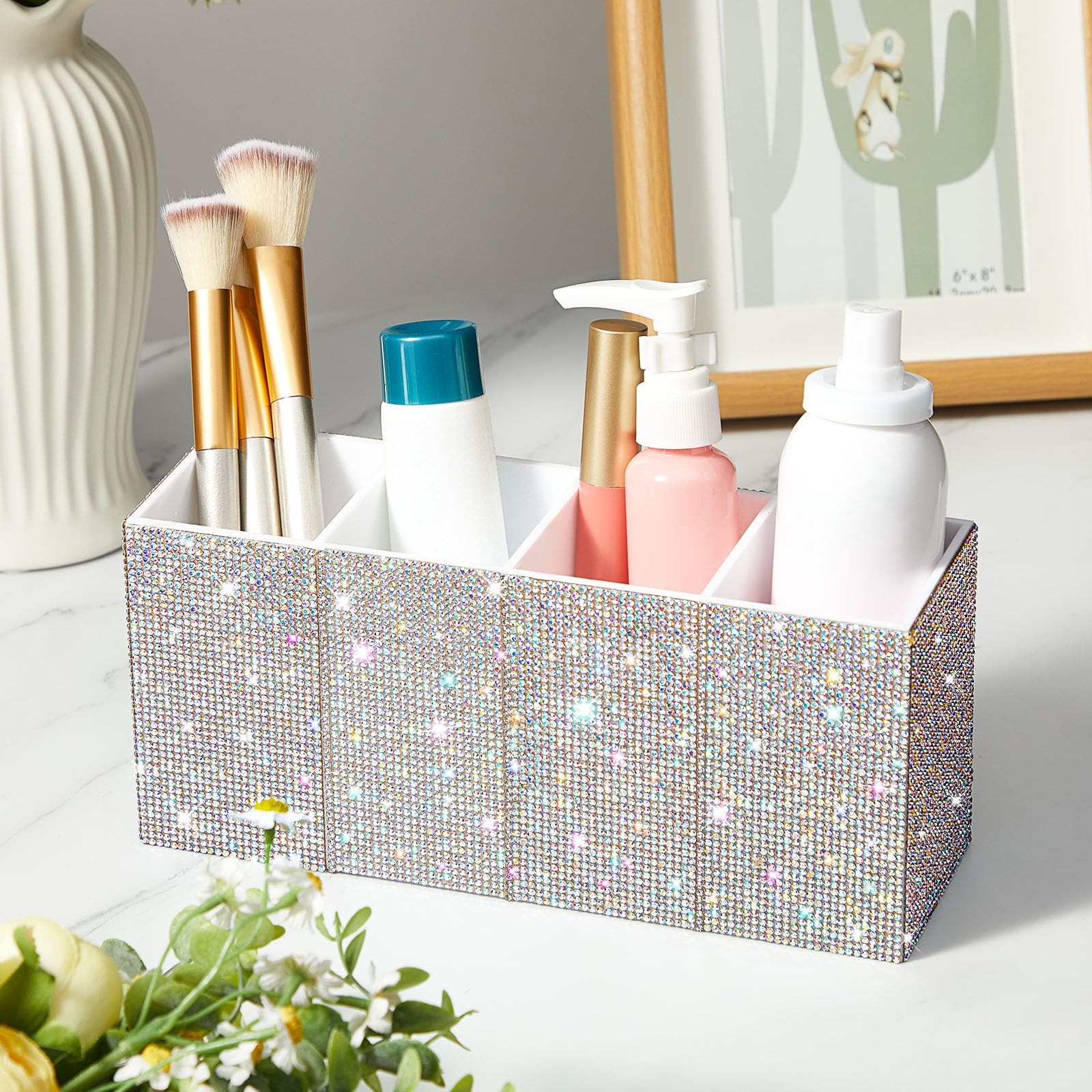 Bling Desk Organizer for Women, Rhinestone Pen Makeup Brush Holder, Girly Des…
