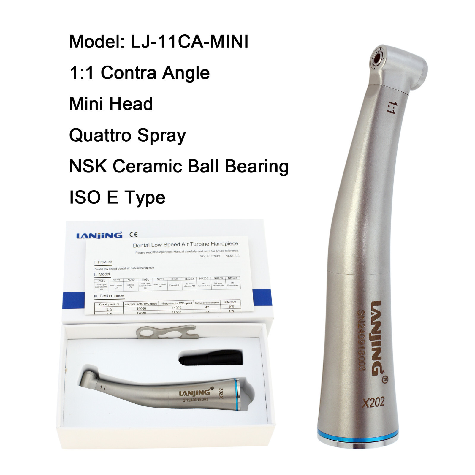Dental Contra Angle Handpiece 1:1 Fiber Optic Low Speed Mini Inner Channel NSK