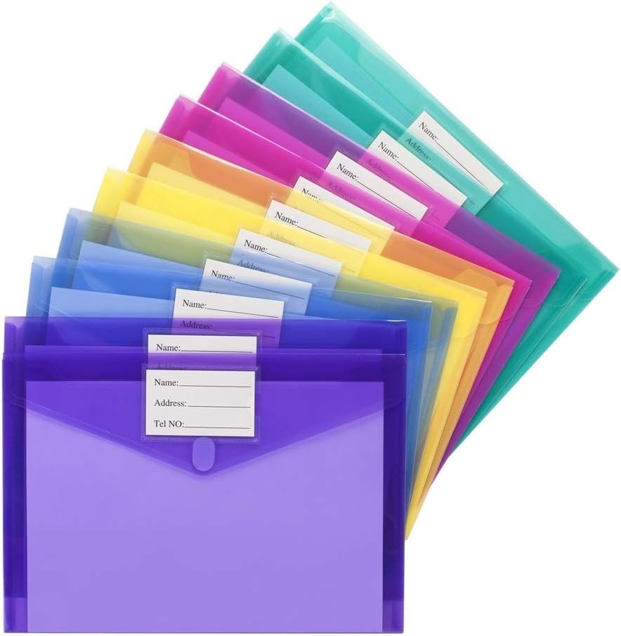 Colorful 10-Pack A4 Size Plastic Document Pouches – Waterproof & Durable Design
