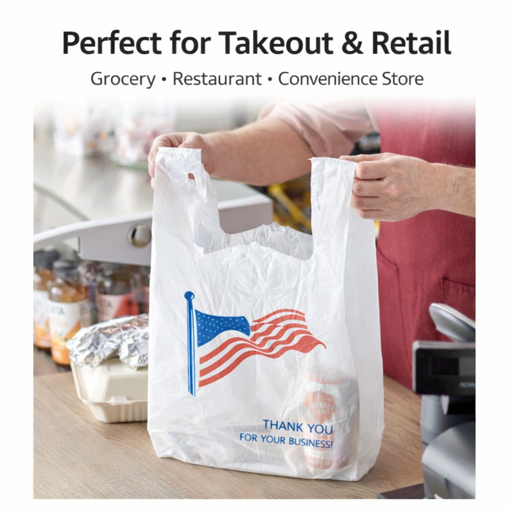 Bags 1/6 21 x 6.5 x 11.5 Heavy Duty .71 Mil White American Flag T-Shirt Plastic