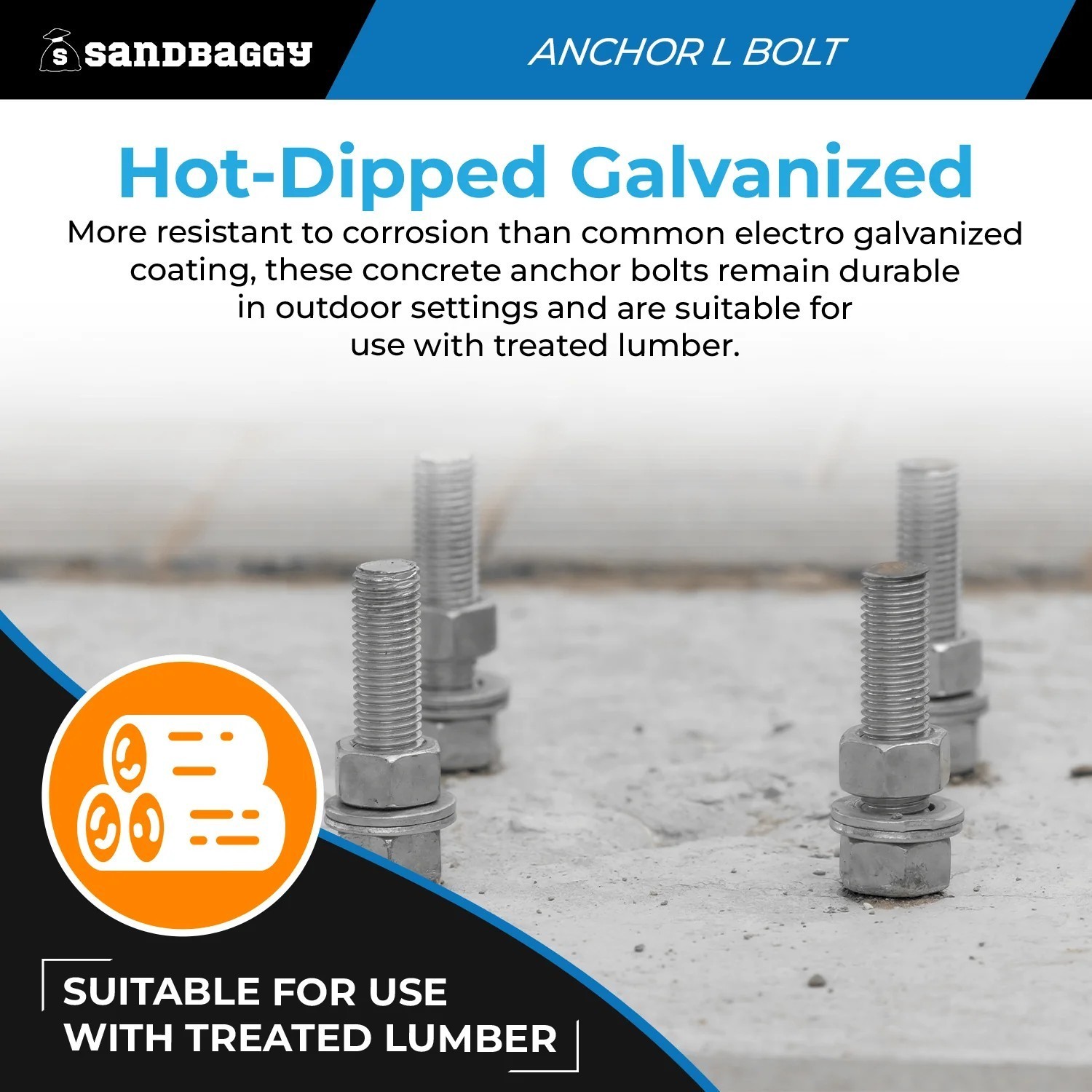 Sandbaggy 1/2″ x 6″ Threaded Concrete Anchor L-Bolts – Hot Dipped Galvanized