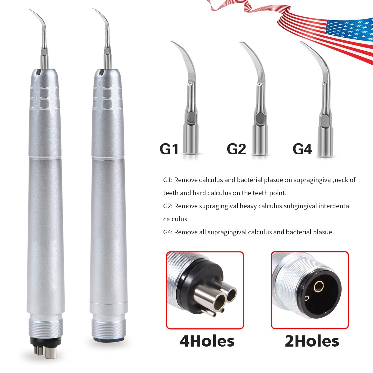 Dental Ultrasonic Air Perio Scaler Handpiece Hygienist 2/4Hole W/ 3 Scaling Tips