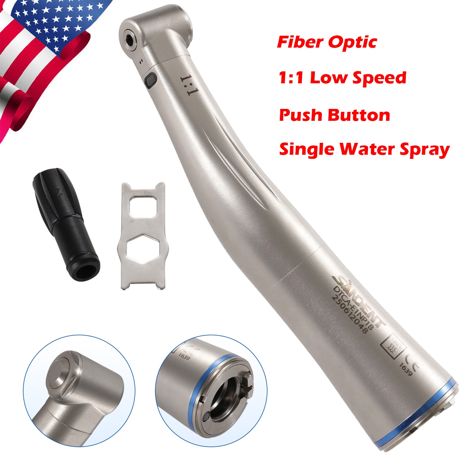 SANDENT Dental 1:1 Fiber Optic LED Contra Angle Handpiece Push Button E-type SA