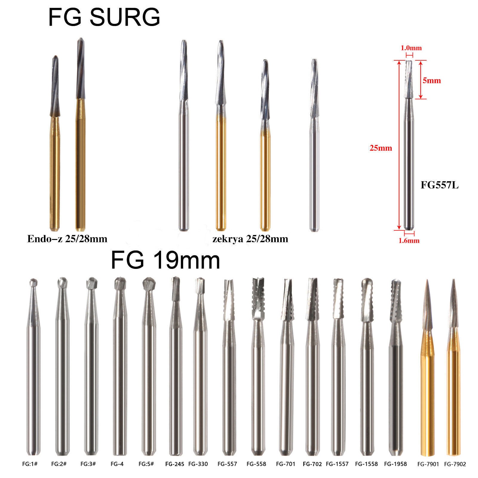 1-10 Dental Surgical Burs 25mm / Carbide Burs Friction Grip FG Round High Speed