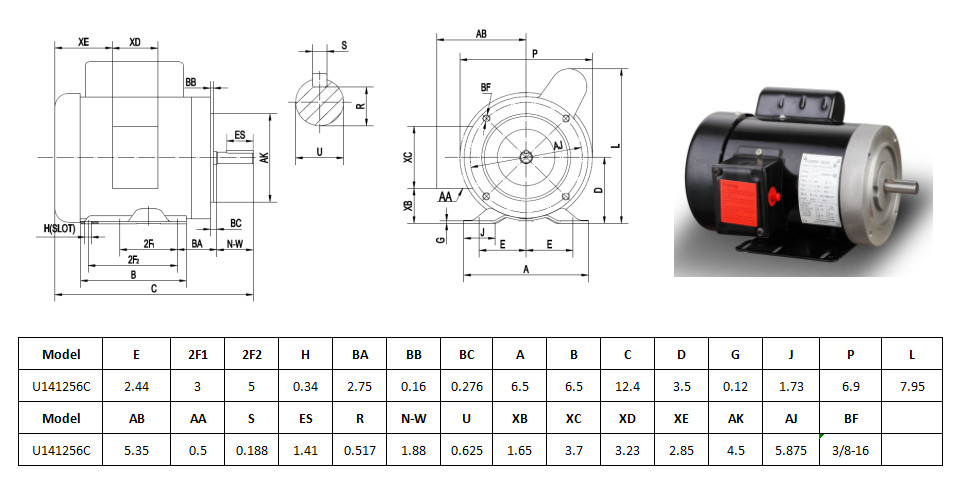 1/2 HP Electric Motor 56C Frame 1750 RPM 1 Phase TEFC 60Hz General Purpose