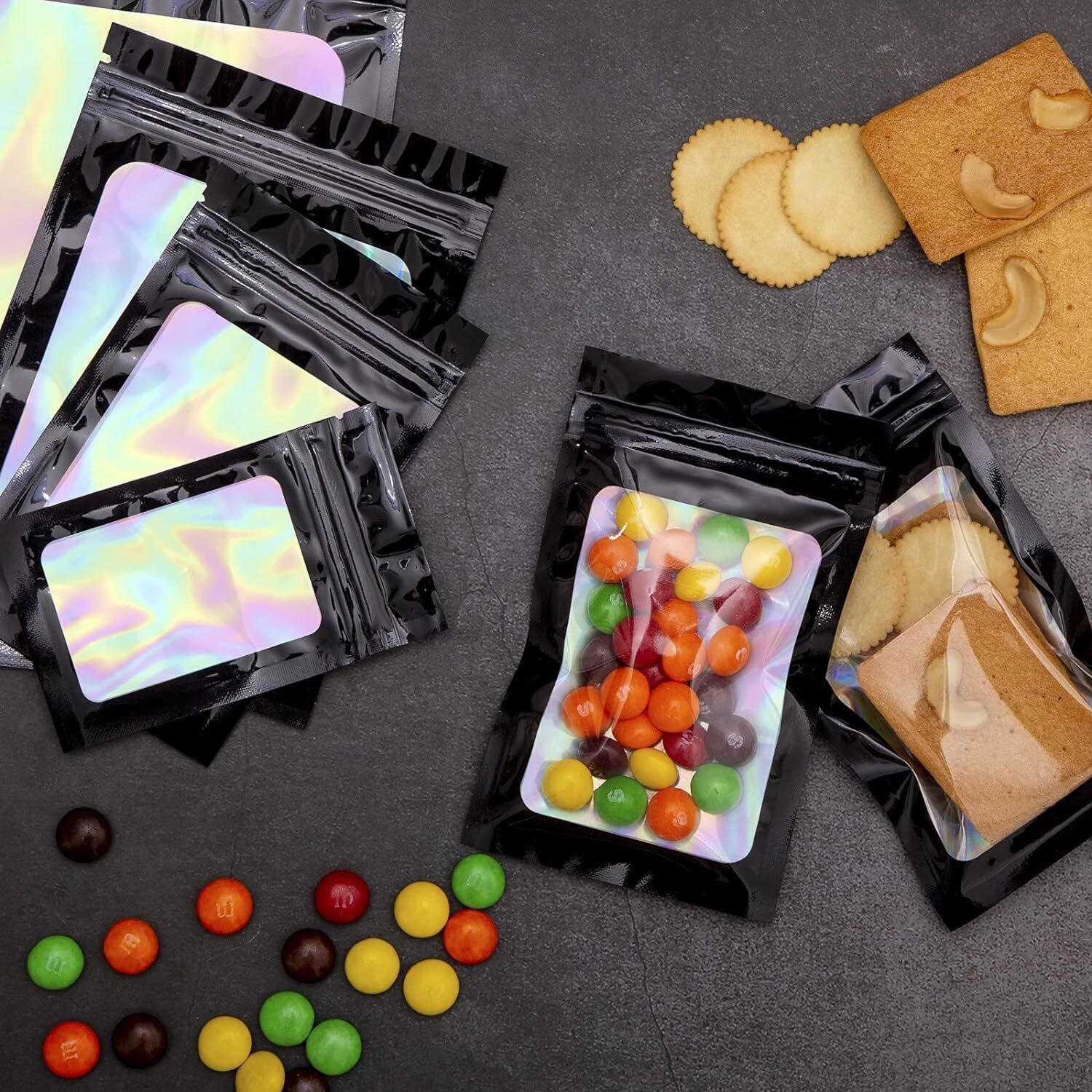 100/200 Pcs Holographic Mylar Foil Bags Resealable Zip Seal Pouches Smell Proof