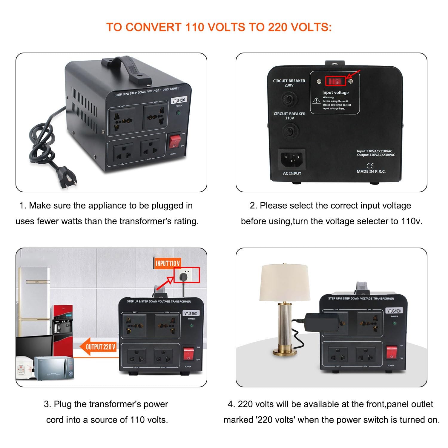 Yinleader 1500W 110V to 220V or 220V/230V/240V 110V/120V 1500W, BLACK