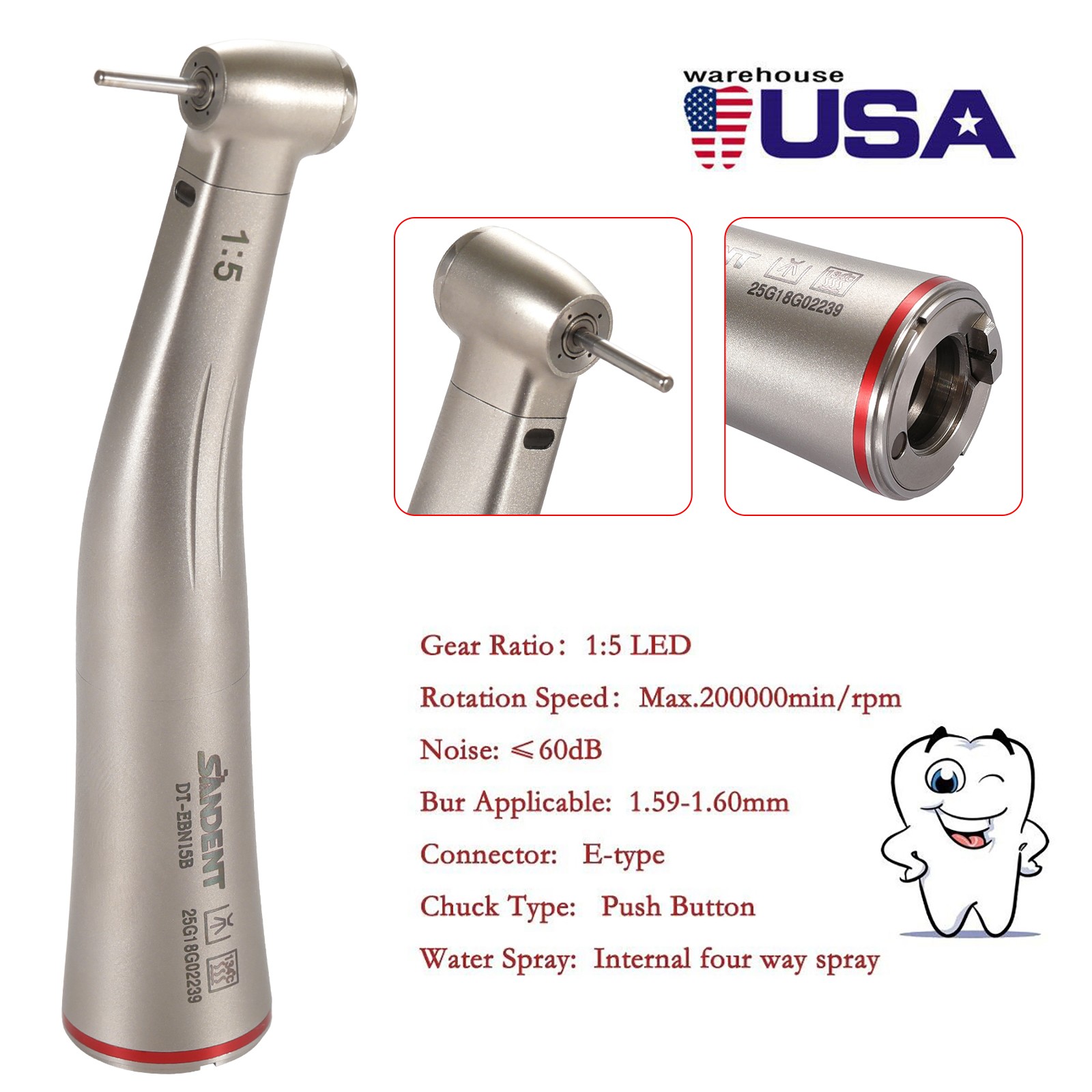 SANDENT 1:5 Increasing Fiber Optic LED Electric Contra Angle Handpiece UPS