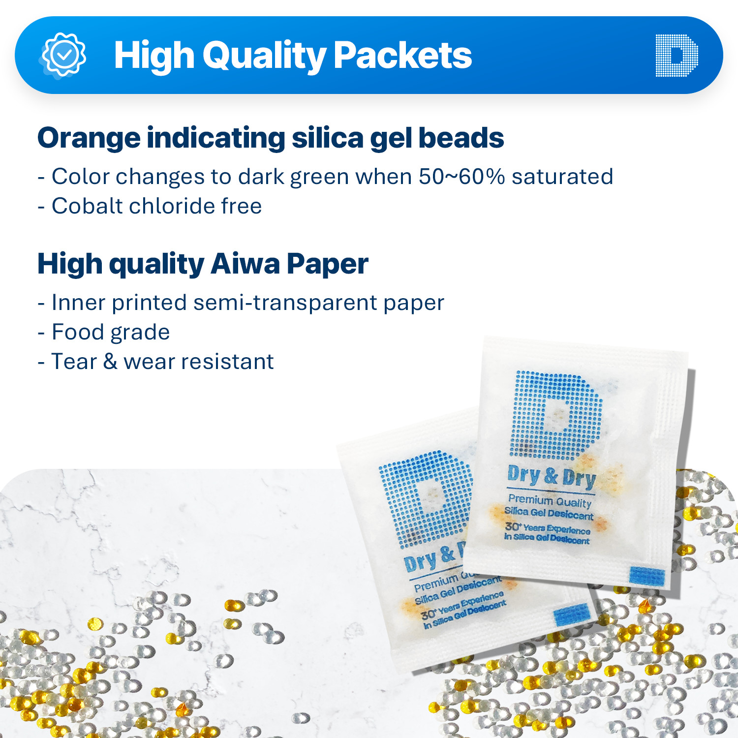 3 gram X 50 PK “Dry & Dry” Food Grade Orange Indicating Silica Gel Packets