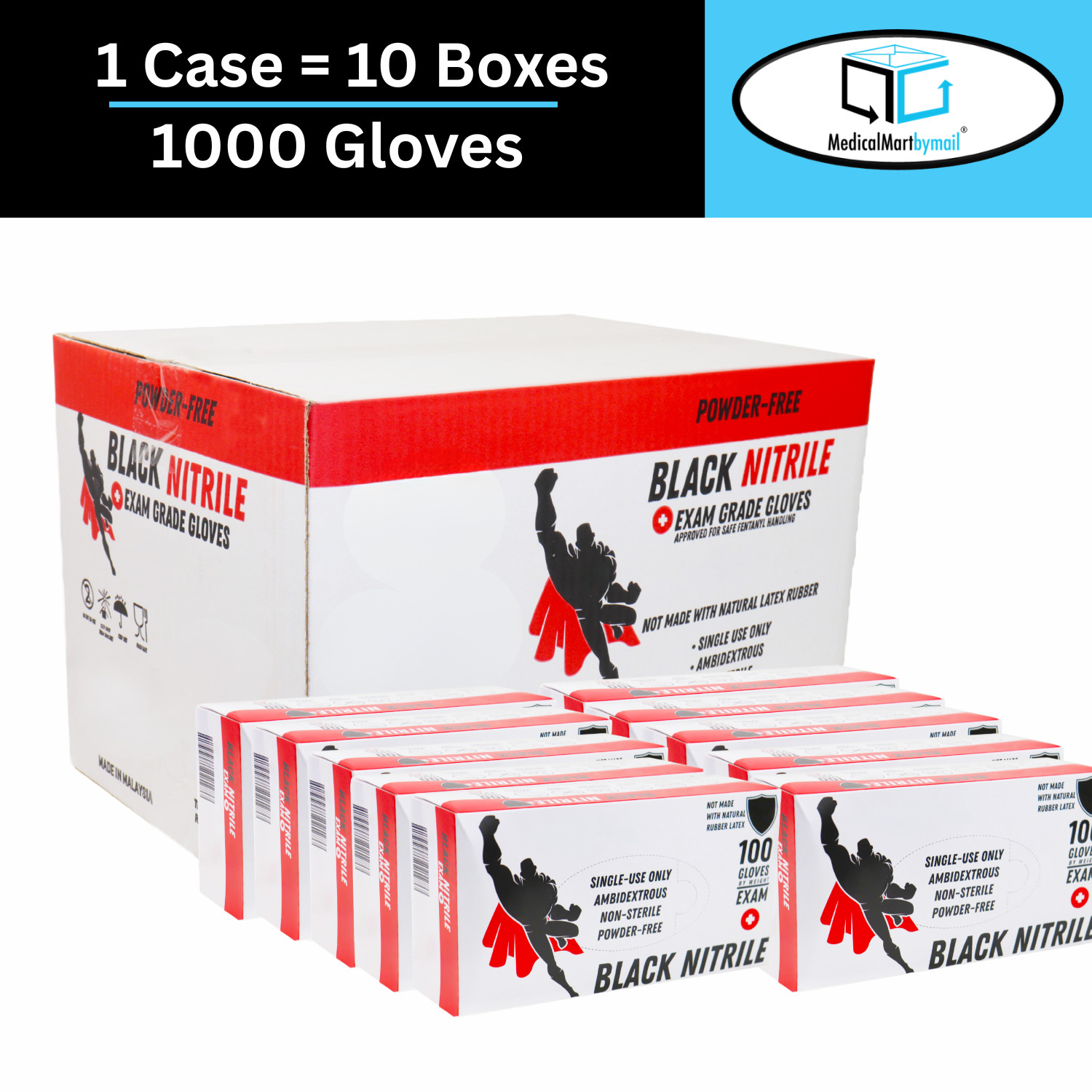 [1000 Pieces] Black Nitrile Powder Free 6 Mil Gloves (Latex Vinyl Free) Size: M