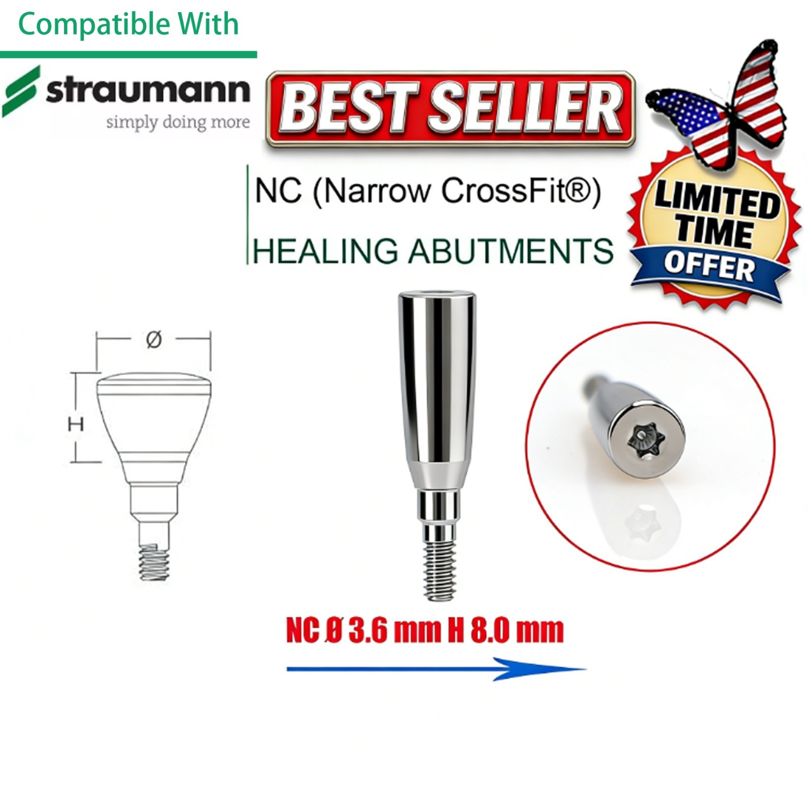 NC Titanium Healing Abutment & Closure Cap Fit Straumann ITI BLT Narrow CrossFit