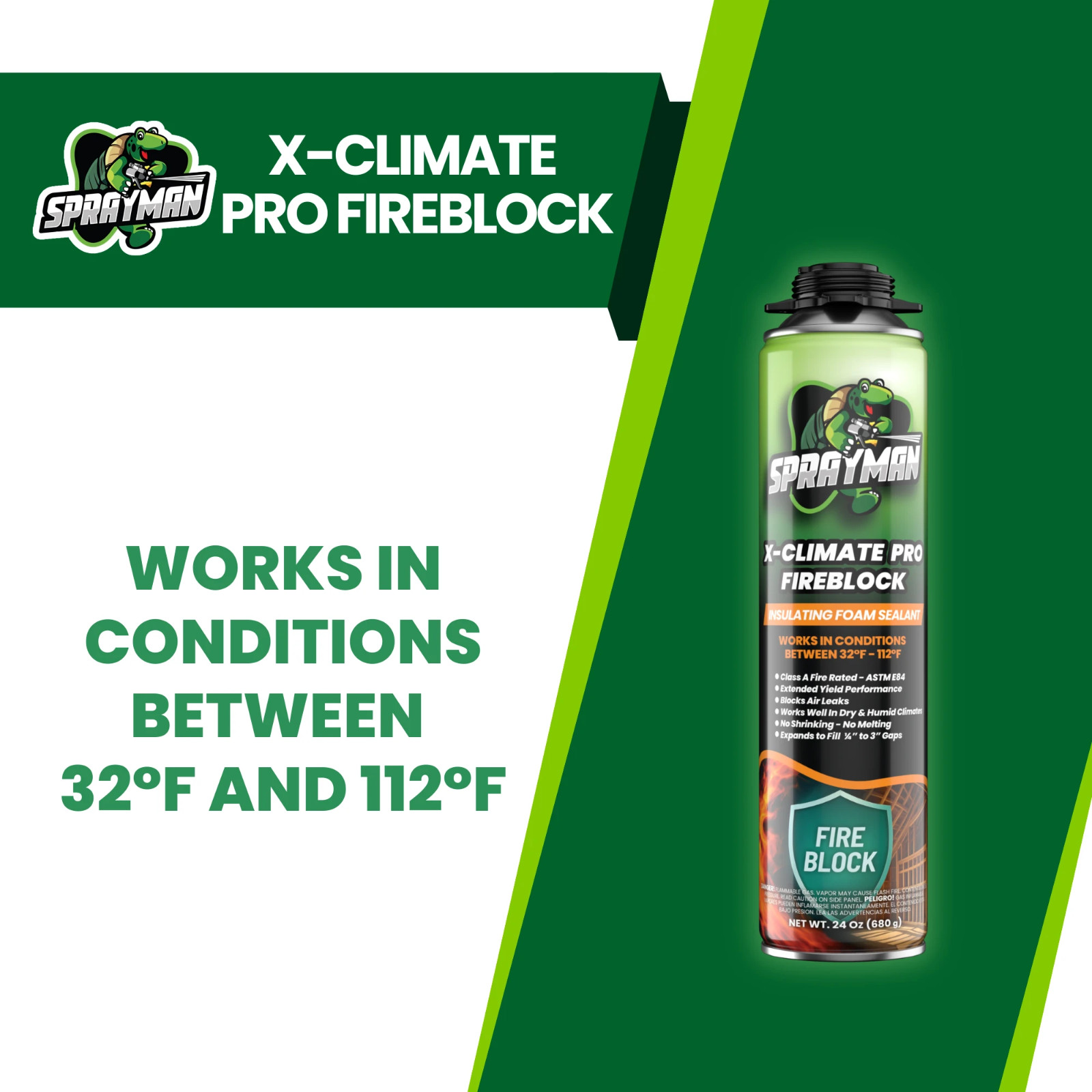 Sprayman X-Climate Pro Fire Block Foam Sealant 24oz 660g, 1 Pack – Gun Incl. Set