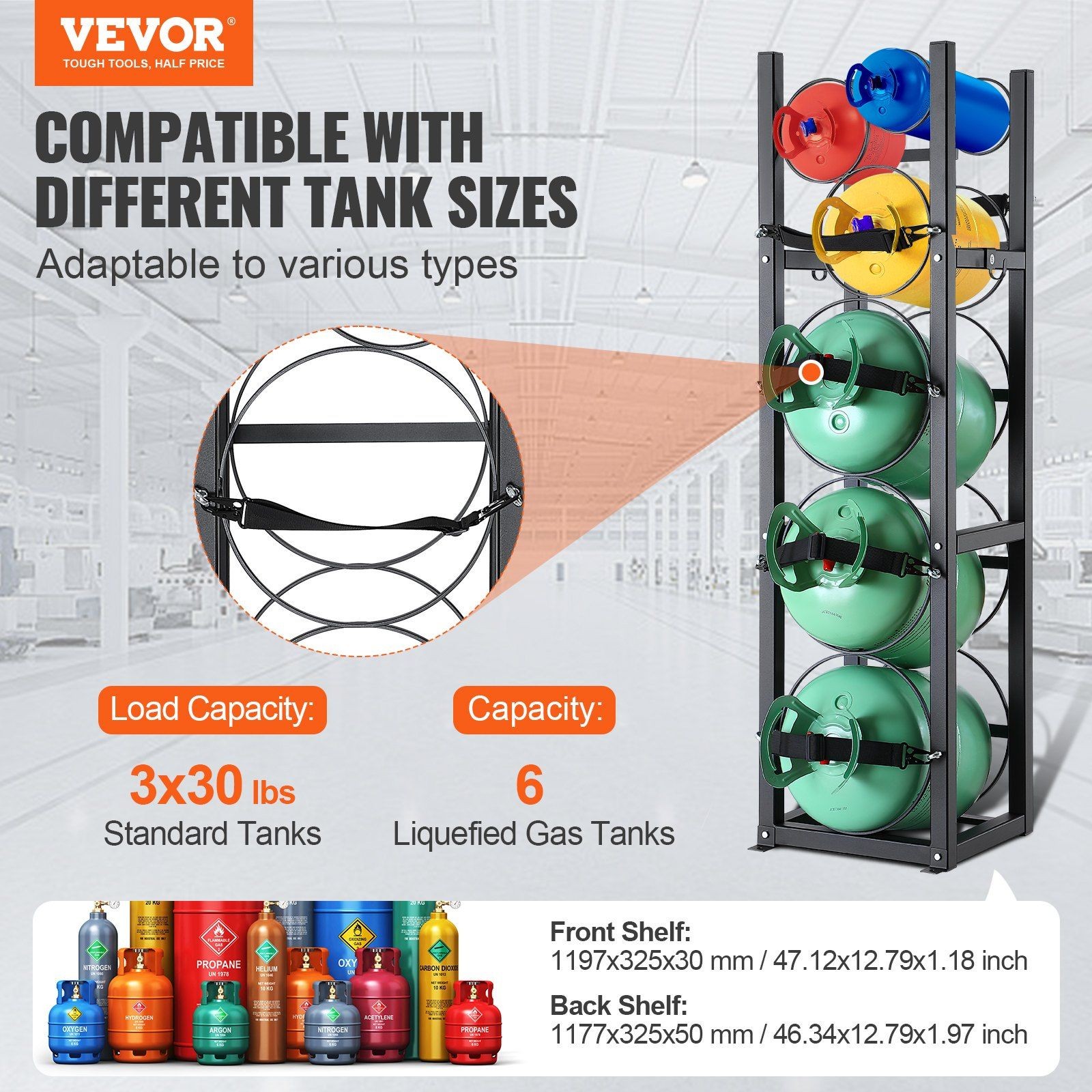 3-Shelf Refrigerant Cylinder Rack 12.79×12.99×47.12in 3x30lb + 3xSmall