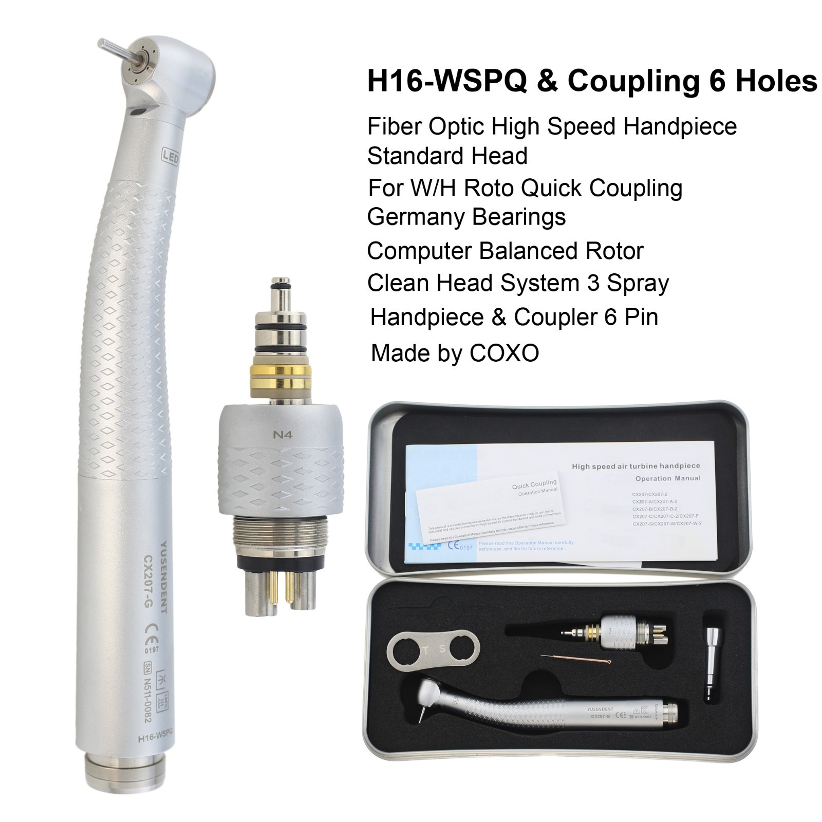 COXO Dental Fiber Optic Handpiece High Speed For W/H Roto Quick Coupler 6 Holes