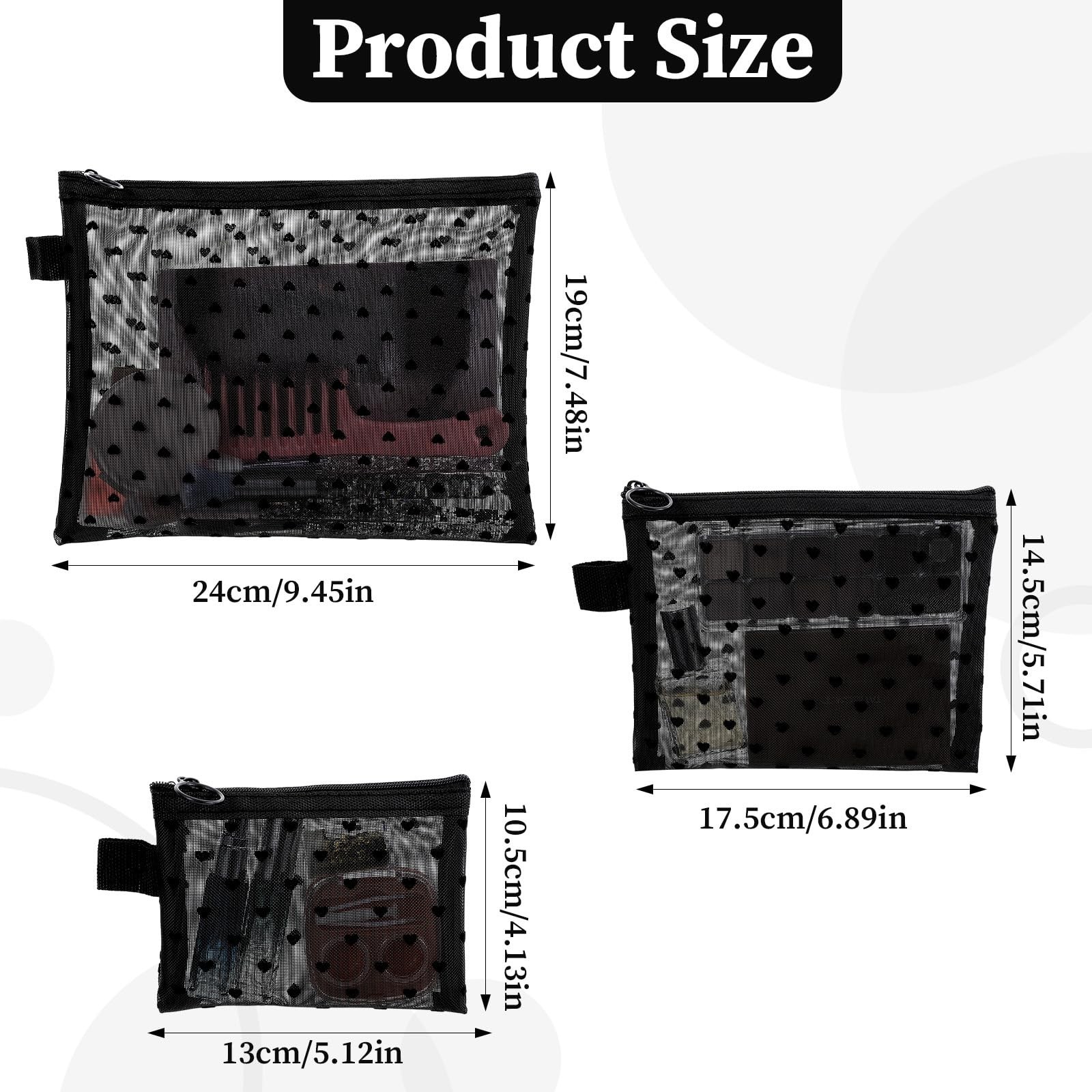 3pcs Mesh Cosmetic Bags with Zipper, 3 Sizes of Heart Print Pouches for Purse…